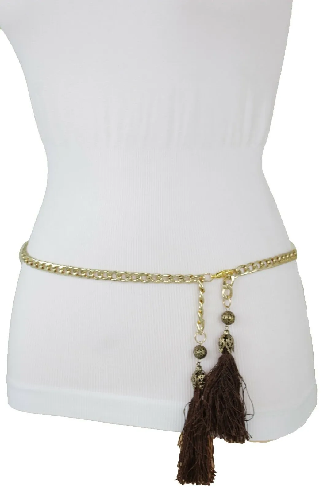 Belt Gold Metal Chain Hip Waist Long Brown Fringes Tassel XS S M
