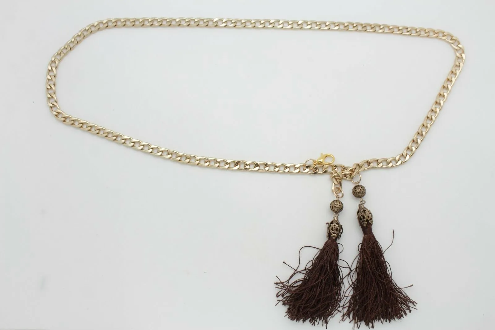 Belt Gold Metal Chain Hip Waist Long Brown Fringes Tassel XS S M