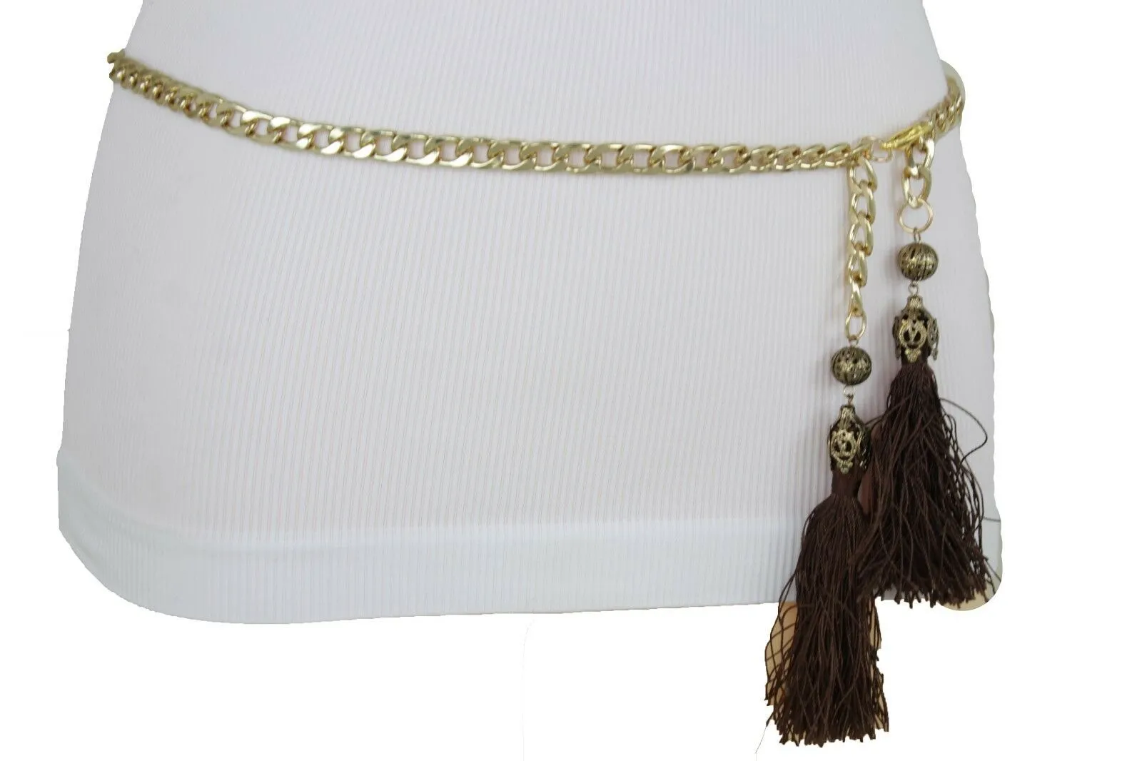 Belt Gold Metal Chain Hip Waist Long Brown Fringes Tassel XS S M