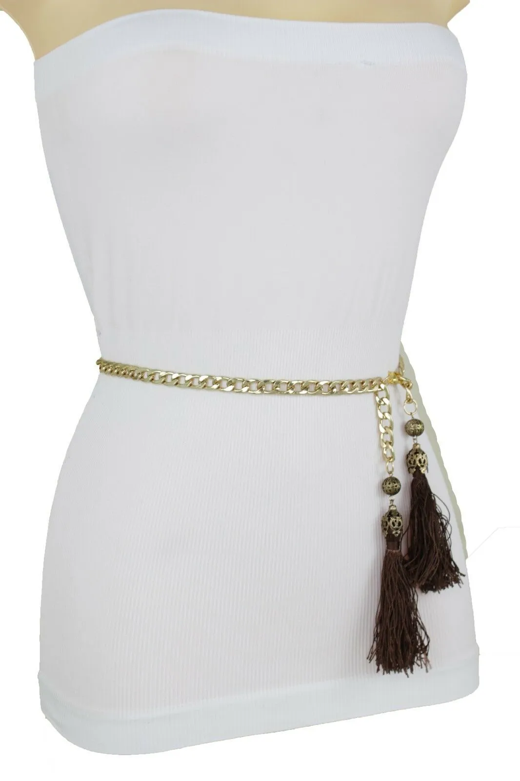 Belt Gold Metal Chain Hip Waist Long Brown Fringes Tassel XS S M