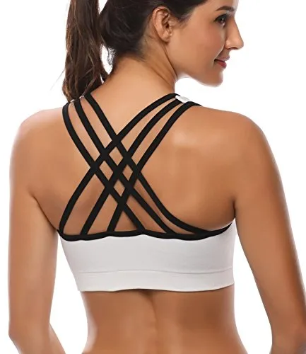 BHRIWRPY Women's Synthetic Padded Strappy Sports Activewear Wire Free Bra for Yoga Running Fitness (Black Grey and White, Small)