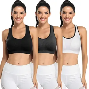 BHRIWRPY Women's Synthetic Padded Strappy Sports Activewear Wire Free Bra for Yoga Running Fitness (Black Grey and White, Small)