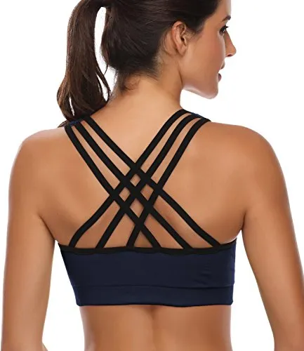 BHRIWRPY Women's Synthetic Padded Strappy Sports Activewear Wire Free Bra for Yoga Running Fitness (Black Grey and White, Small)