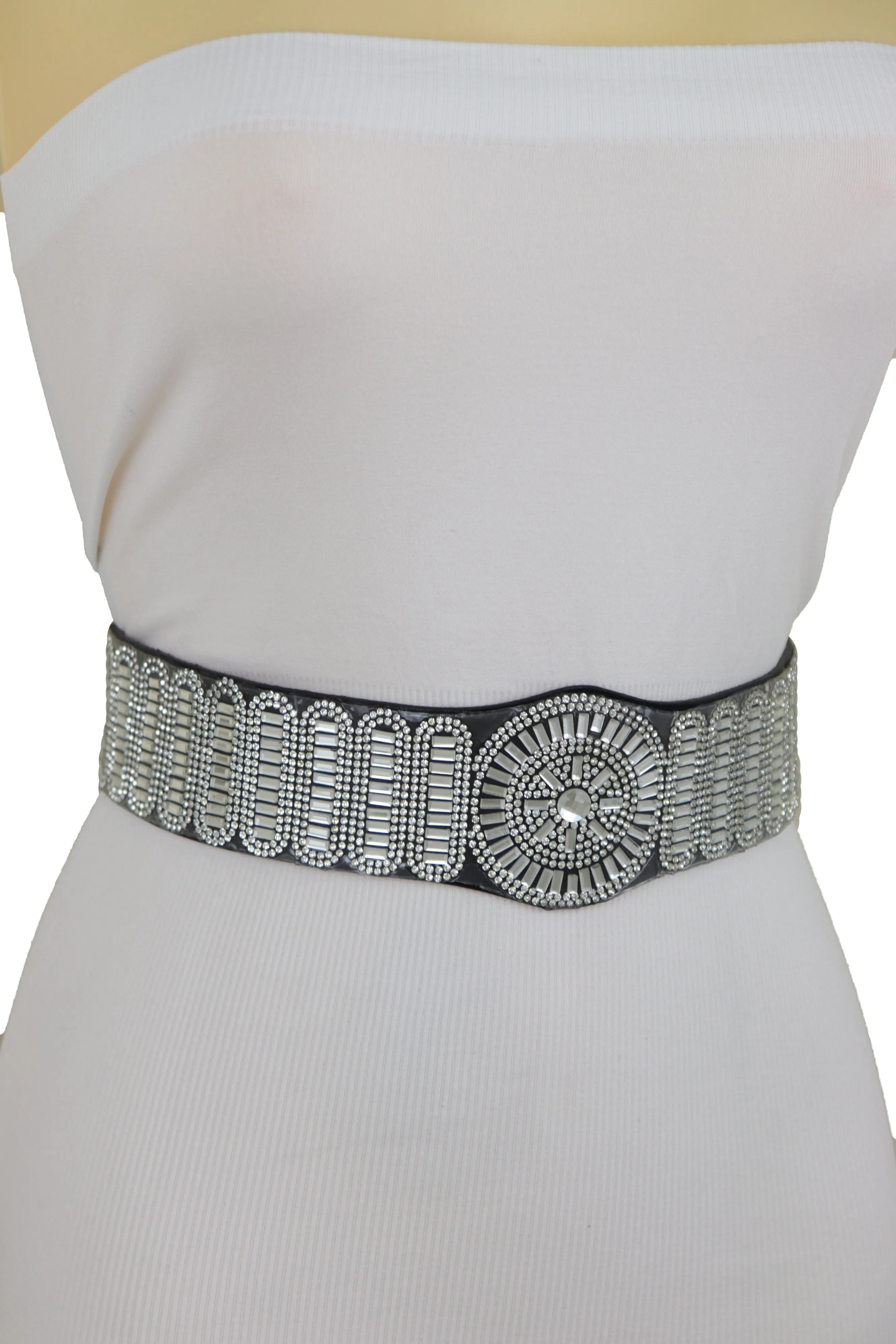 Black Elastic Band Night Club Party Fashion Belt Bling Silver Circle M L