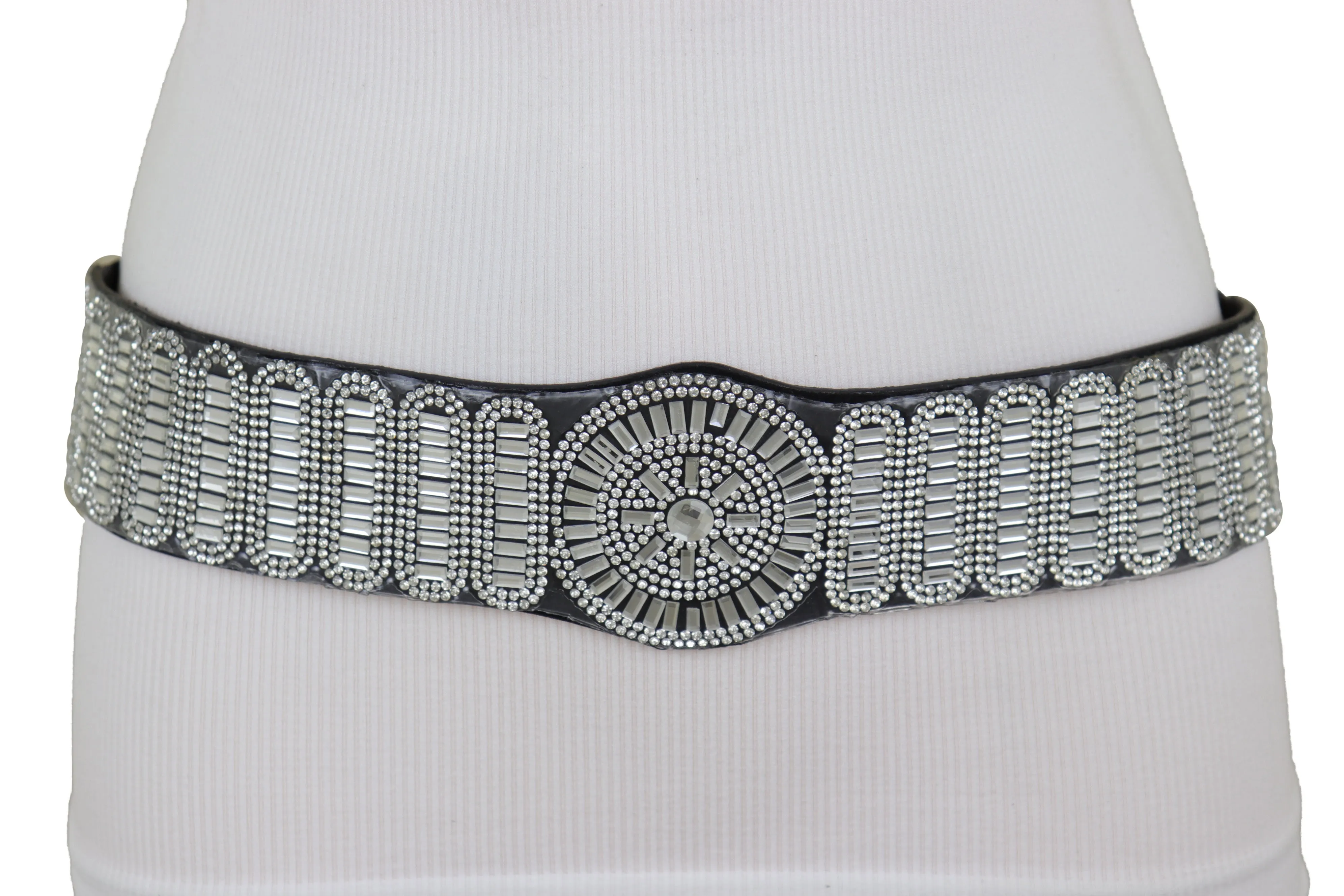 Black Elastic Band Night Club Party Fashion Belt Bling Silver Circle M L