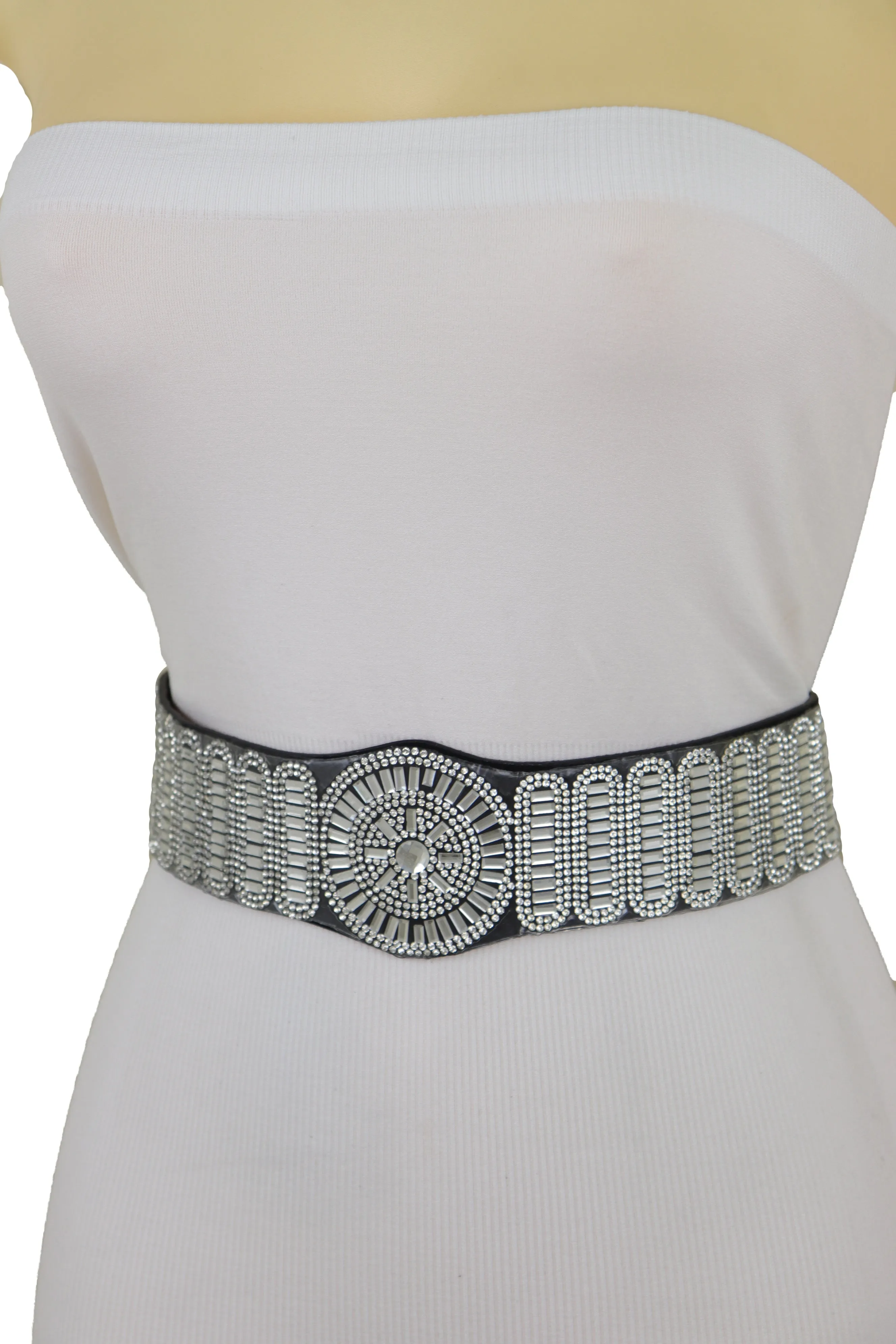 Black Elastic Band Night Club Party Fashion Belt Bling Silver Circle M L