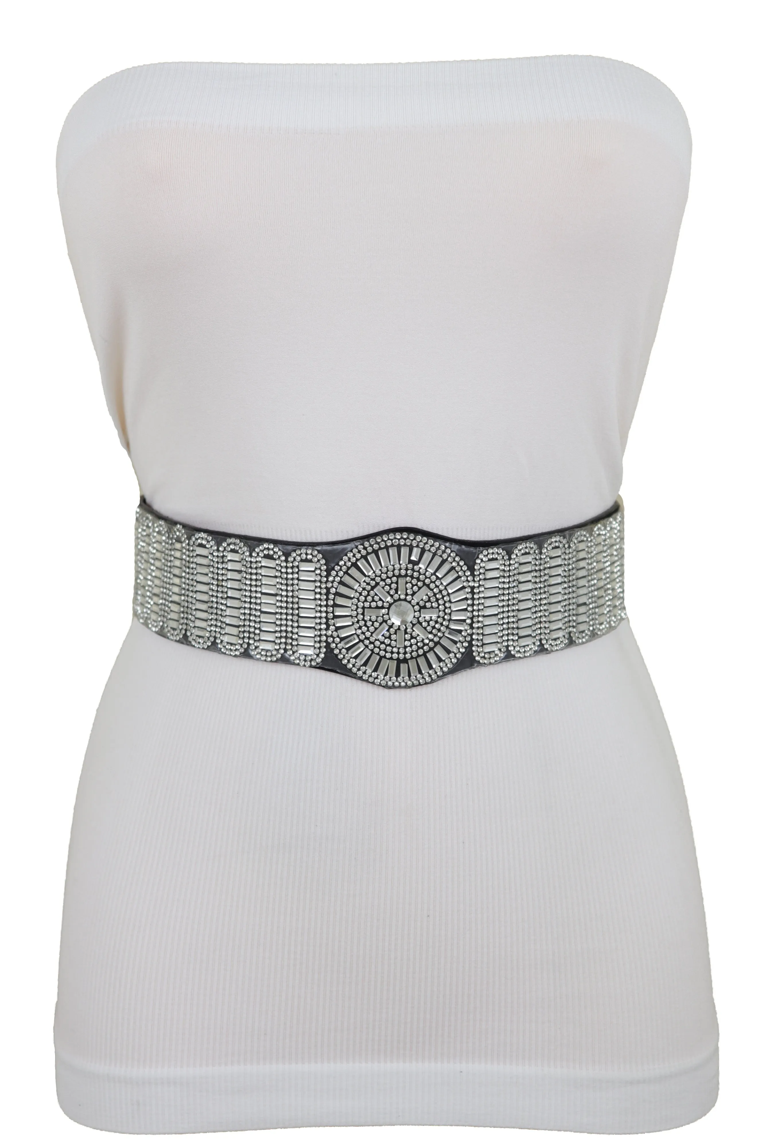Black Elastic Band Night Club Party Fashion Belt Bling Silver Circle M L