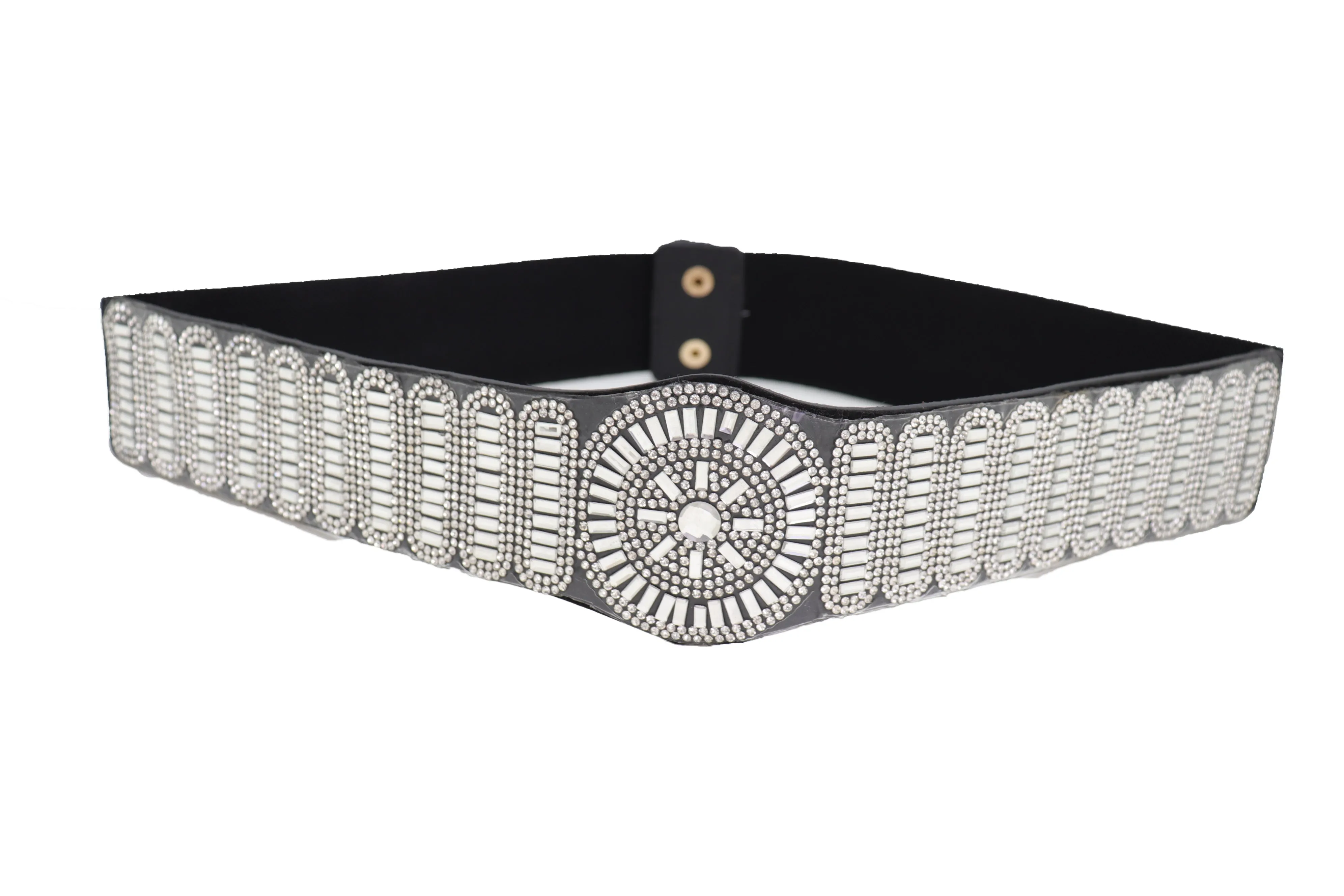 Black Elastic Band Night Club Party Fashion Belt Bling Silver Circle M L