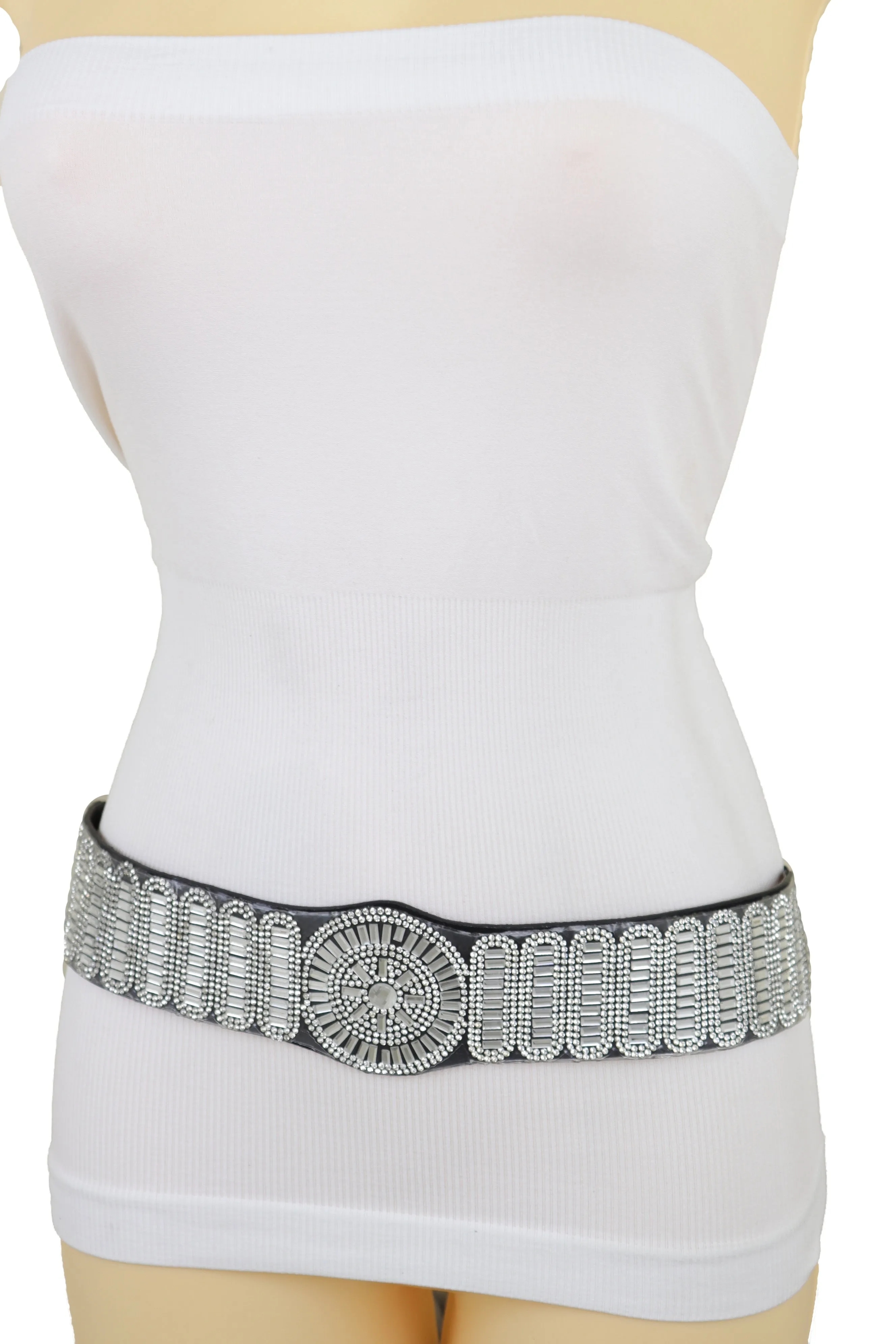 Black Elastic Band Night Club Party Fashion Belt Bling Silver Circle M L