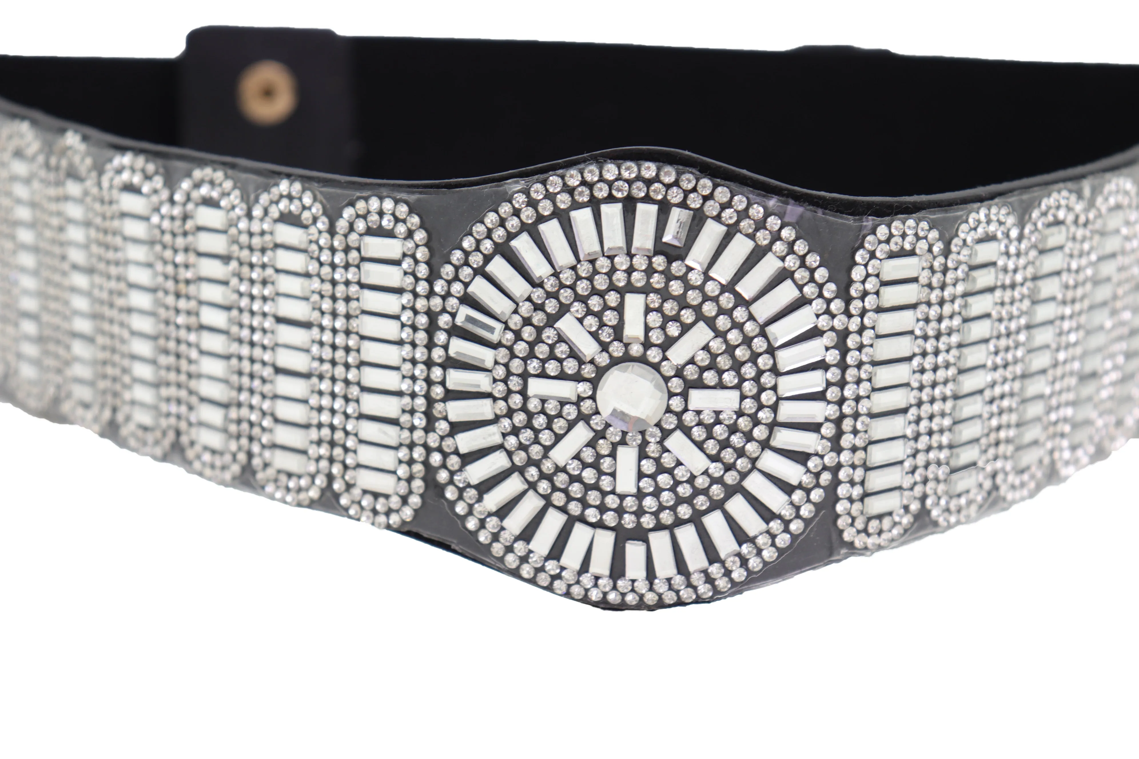 Black Elastic Band Night Club Party Fashion Belt Bling Silver Circle M L