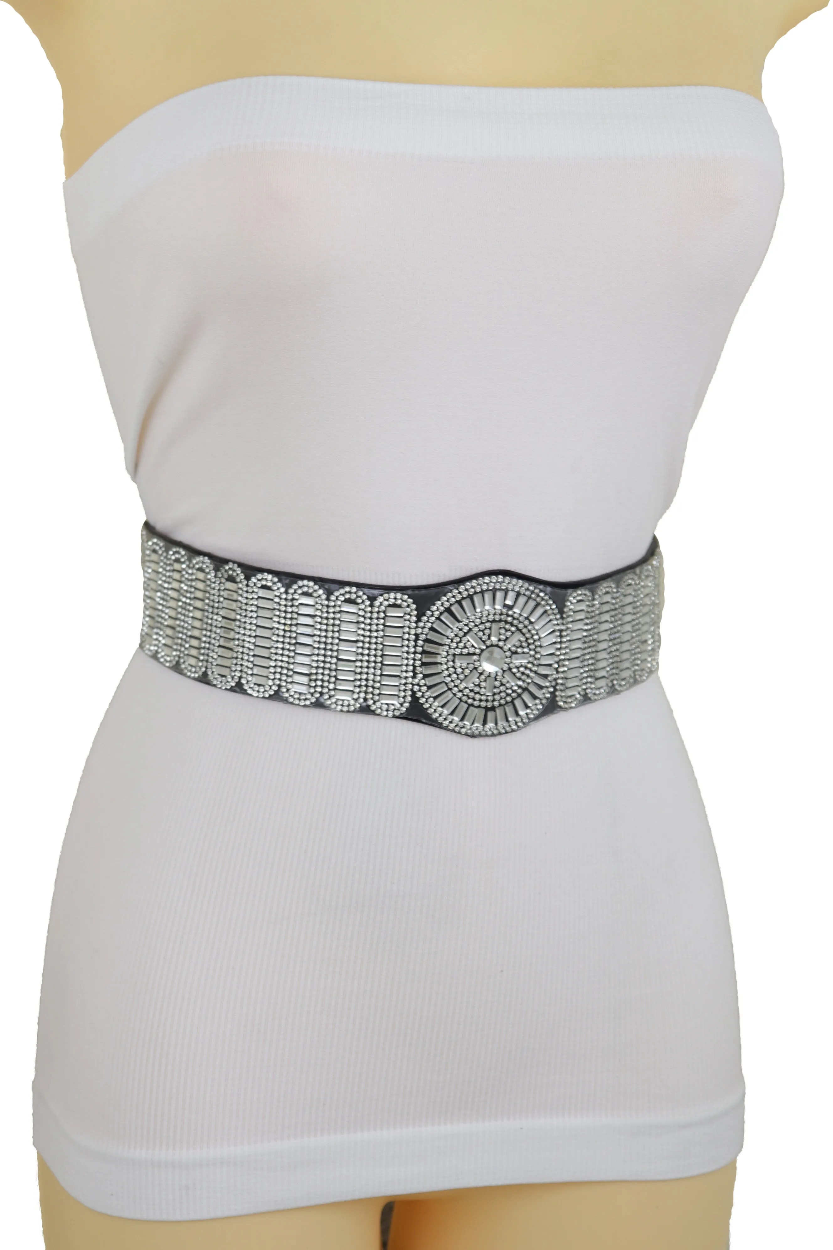 Black Elastic Band Night Club Party Fashion Belt Bling Silver Circle M L