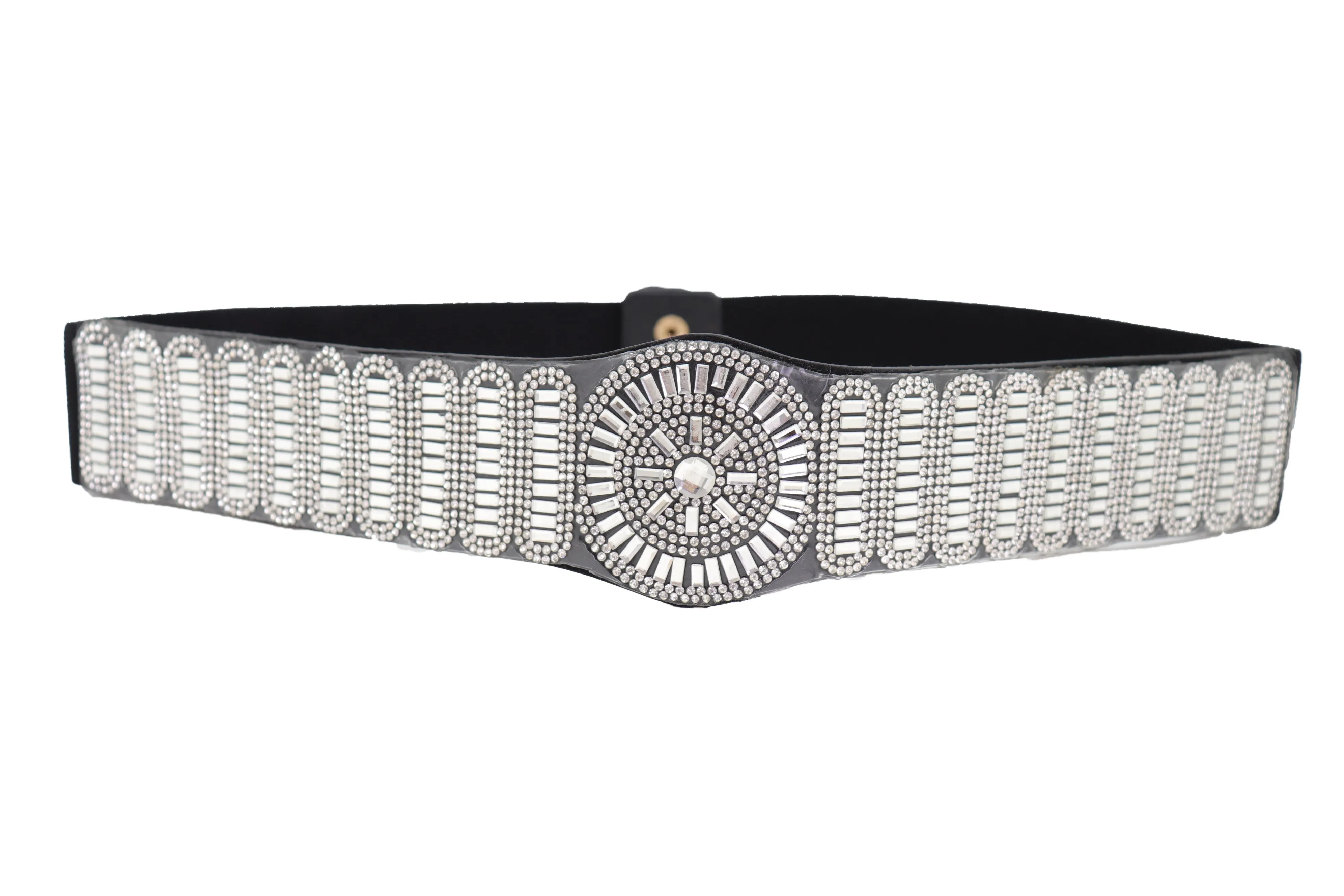 Black Elastic Band Night Club Party Fashion Belt Bling Silver Circle M L