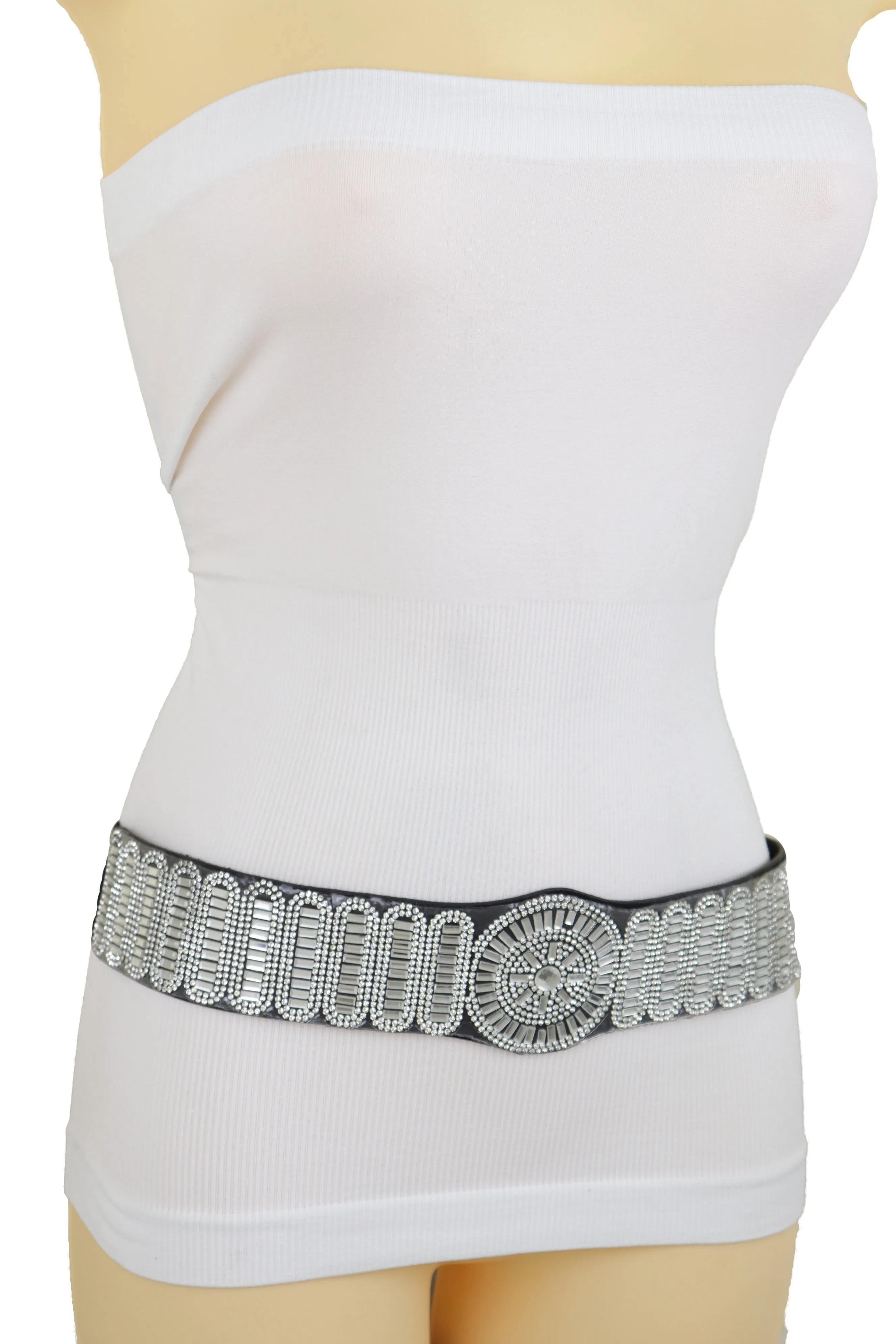 Black Elastic Band Night Club Party Fashion Belt Bling Silver Circle M L