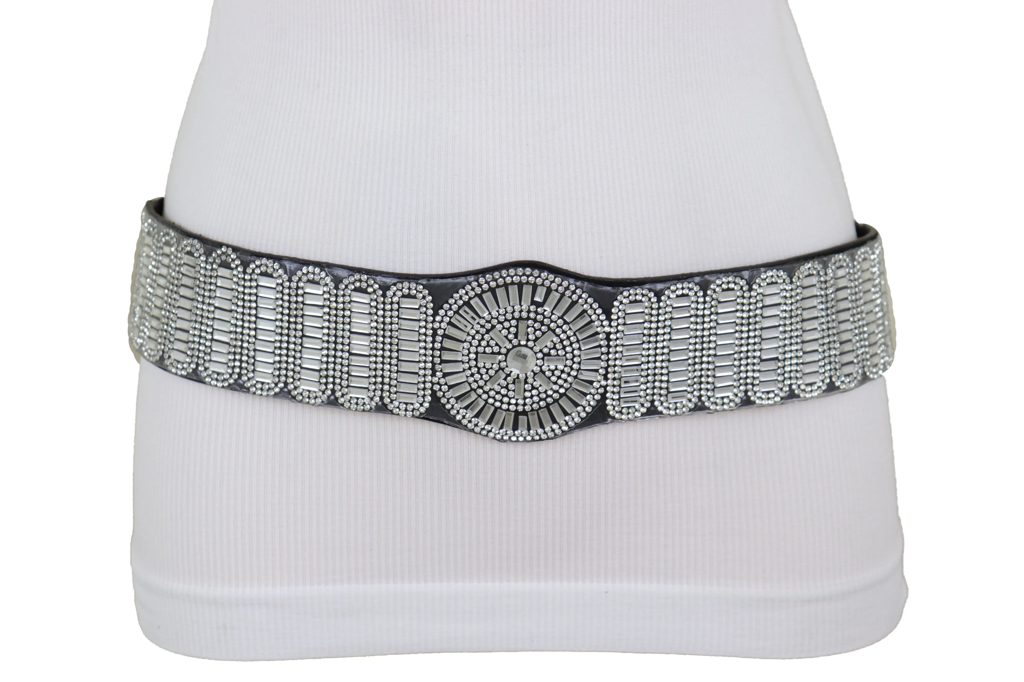 Black Elastic Band Night Club Party Fashion Belt Bling Silver Circle M L
