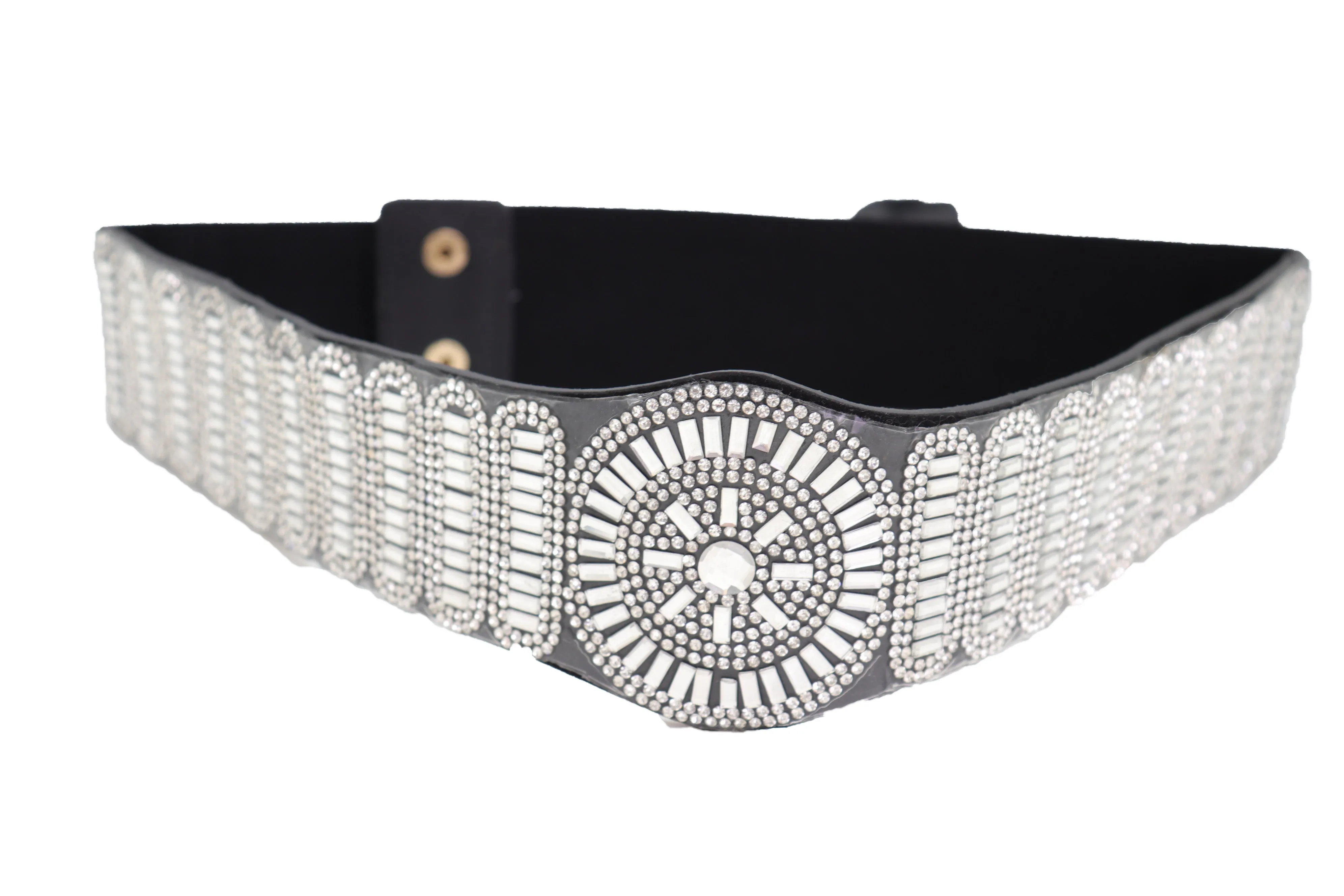 Black Elastic Band Night Club Party Fashion Belt Bling Silver Circle M L
