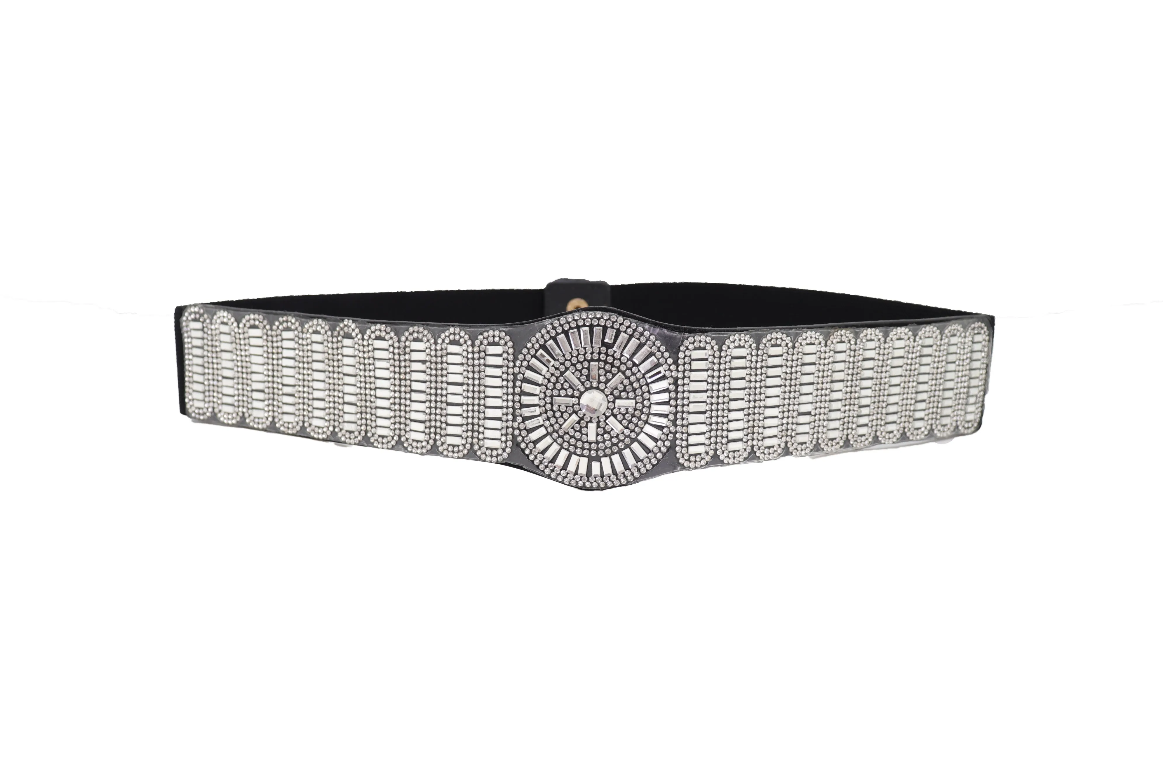 Black Elastic Band Night Club Party Fashion Belt Bling Silver Circle M L
