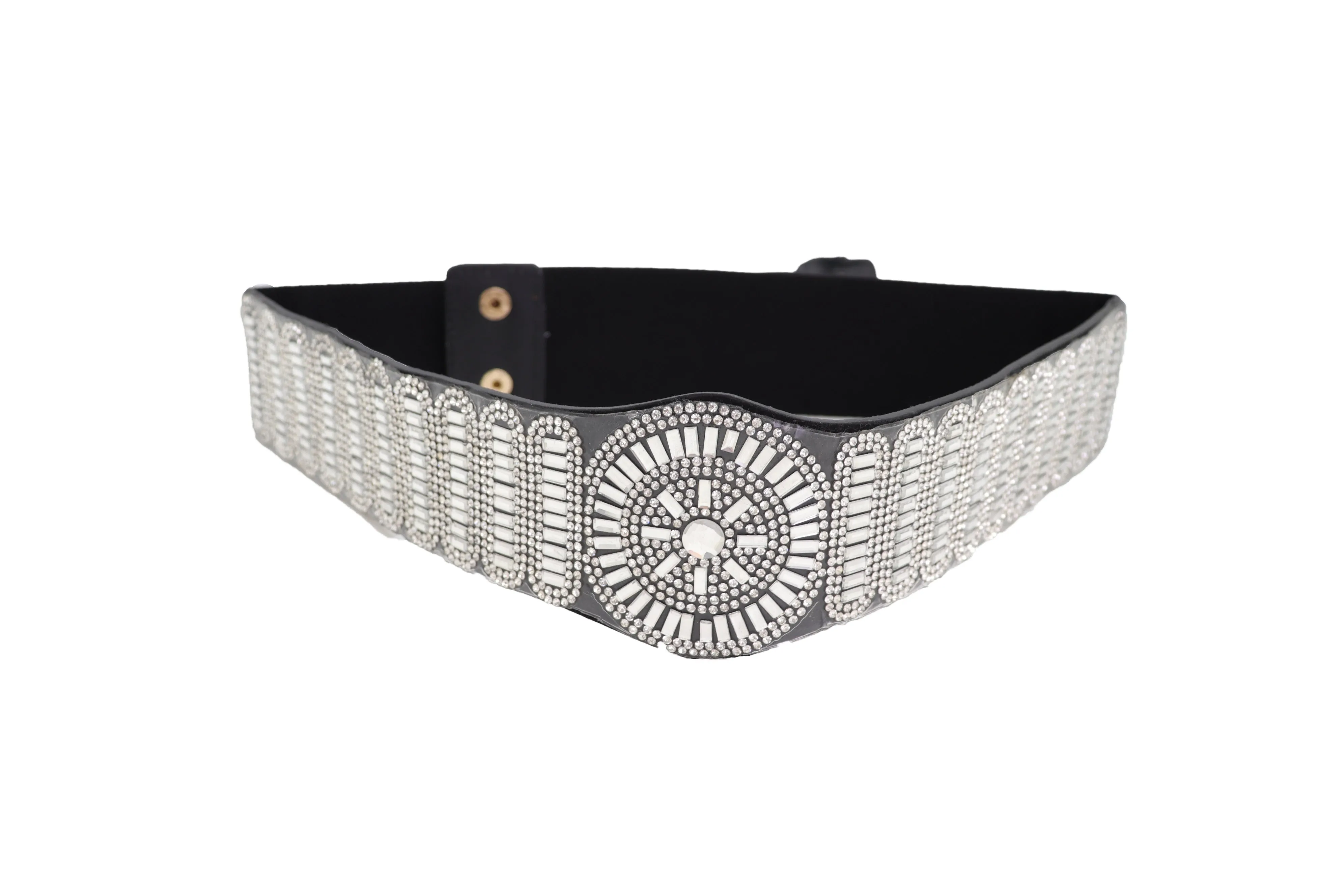 Black Elastic Band Night Club Party Fashion Belt Bling Silver Circle M L