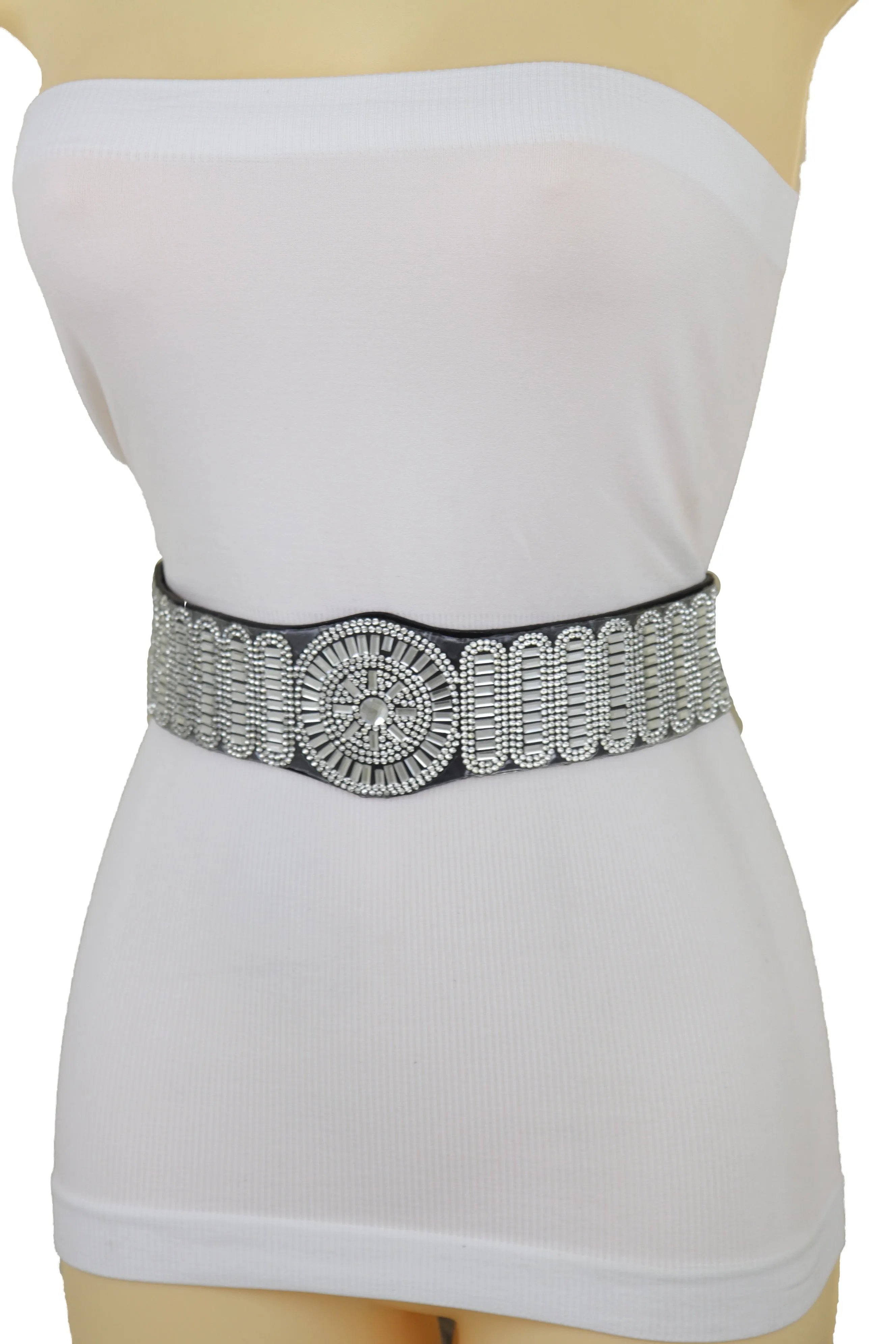 Black Elastic Band Night Club Party Fashion Belt Bling Silver Circle M L
