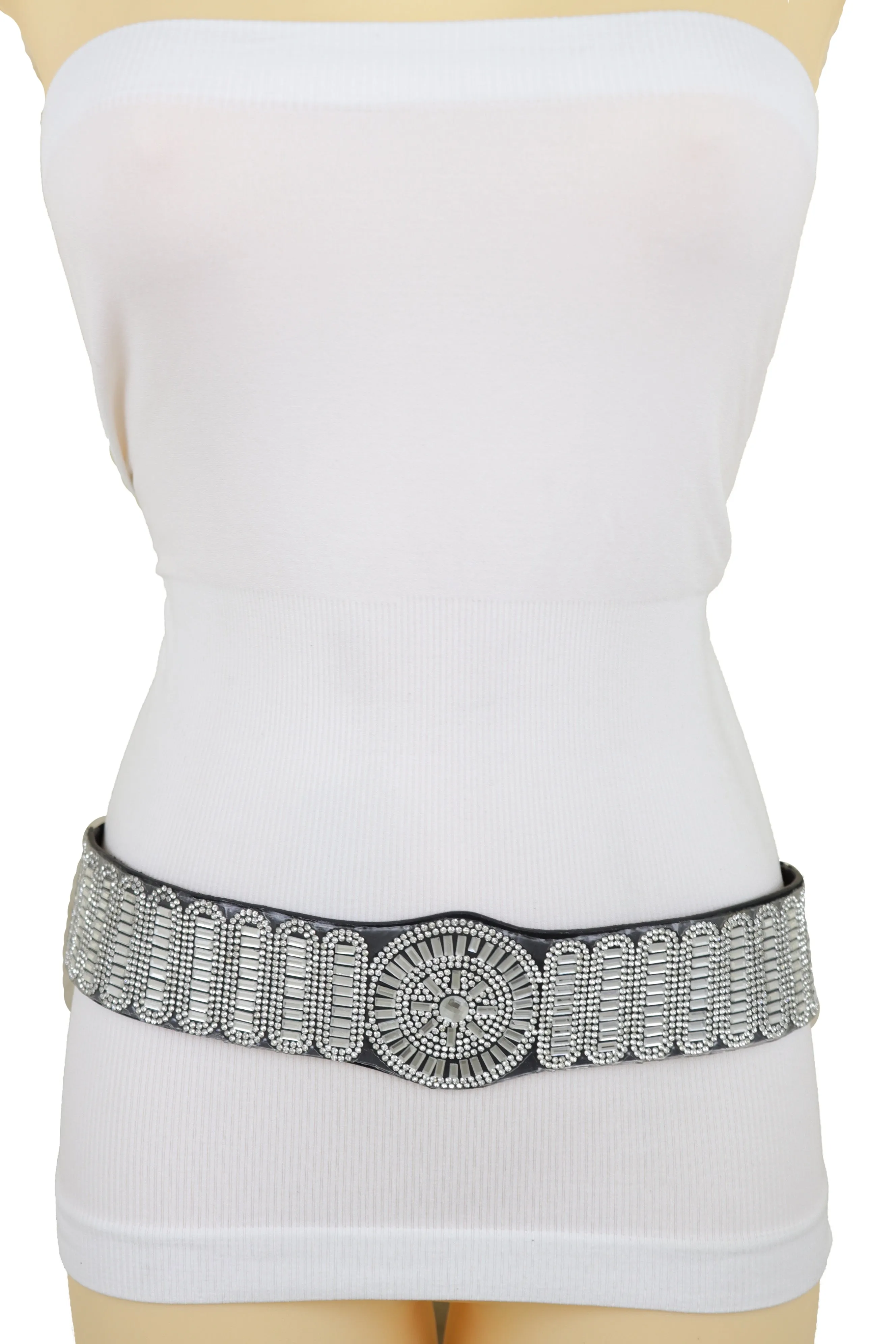Black Elastic Band Night Club Party Fashion Belt Bling Silver Circle M L