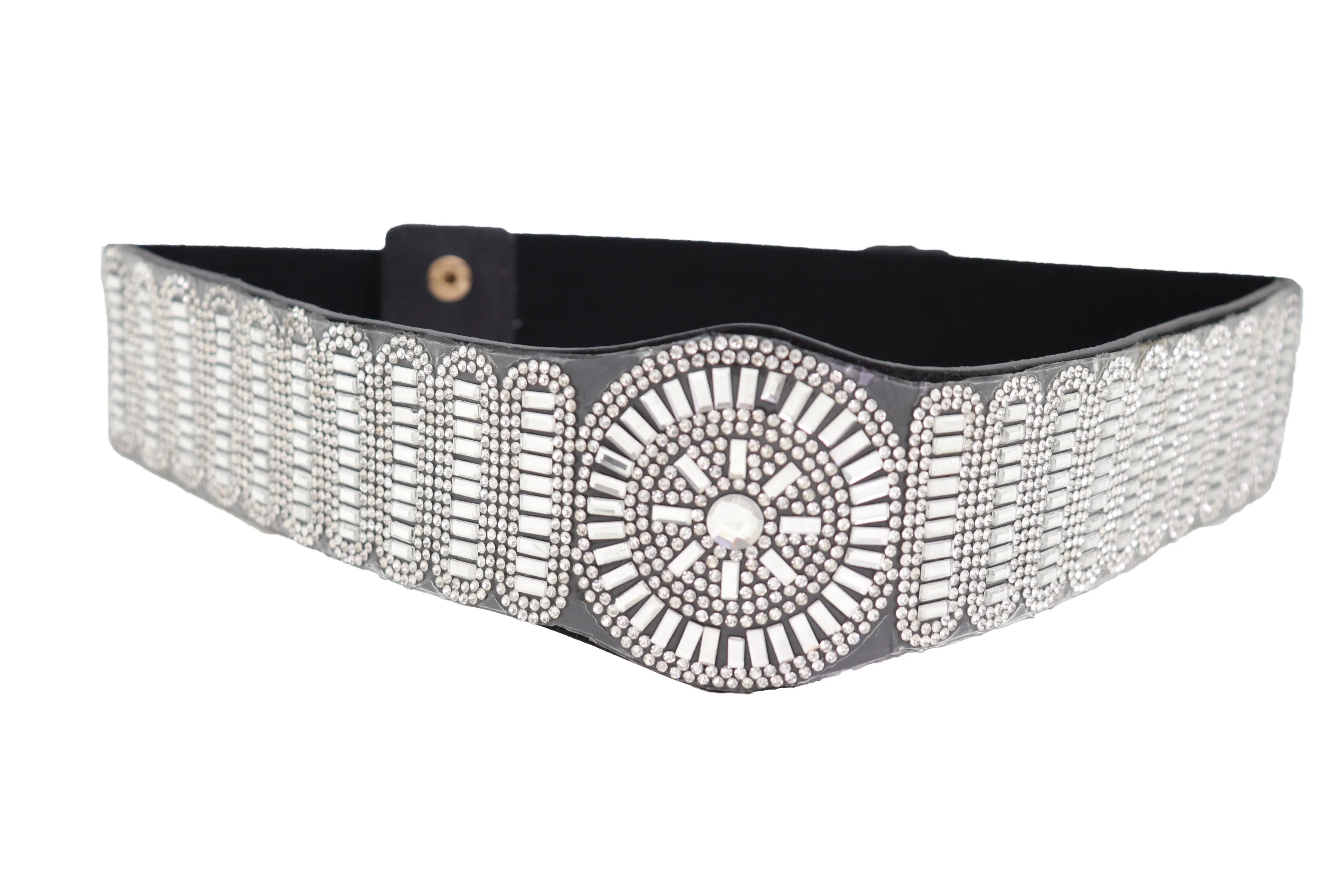 Black Elastic Band Night Club Party Fashion Belt Bling Silver Circle M L