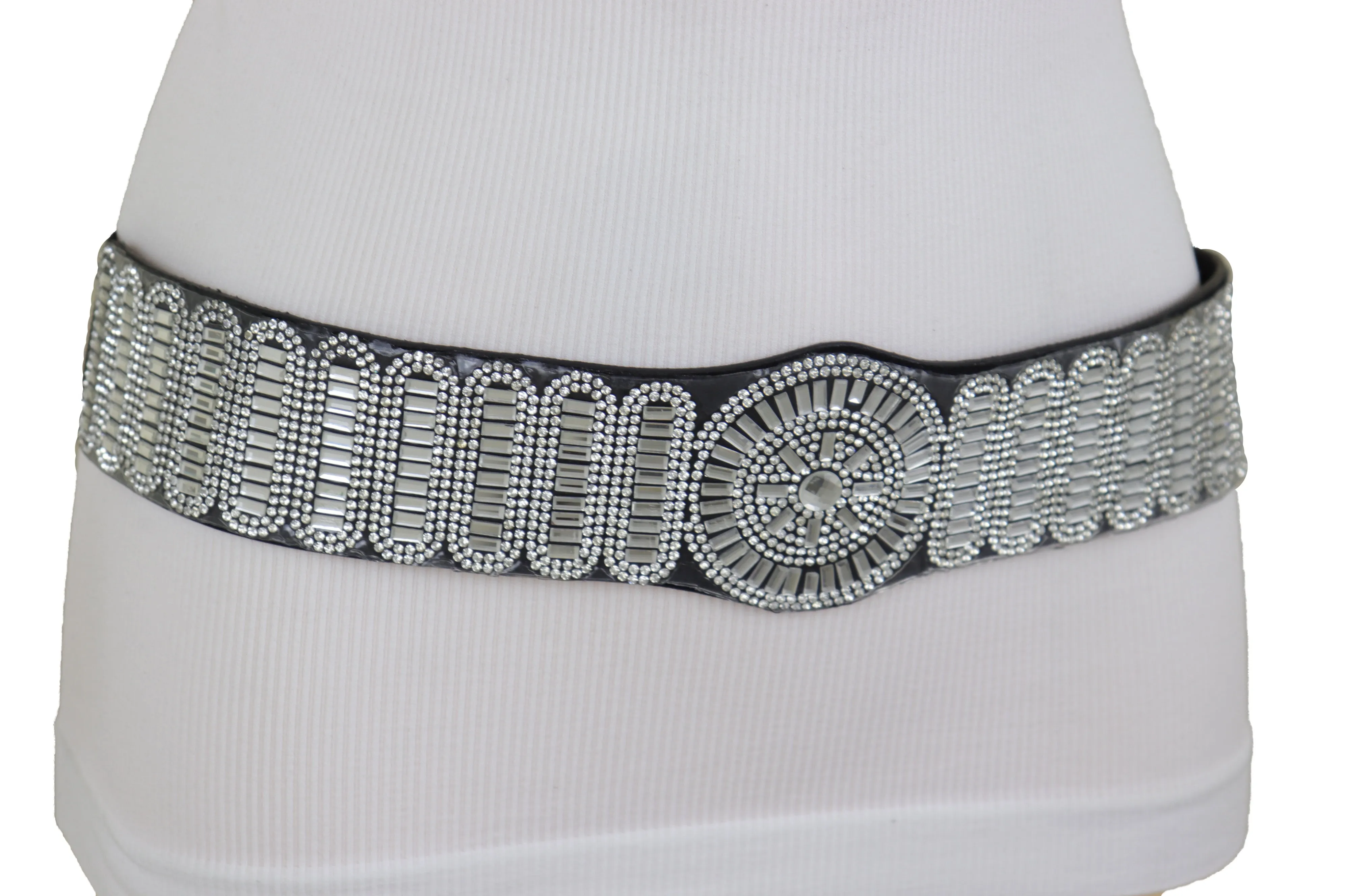 Black Elastic Band Night Club Party Fashion Belt Bling Silver Circle M L