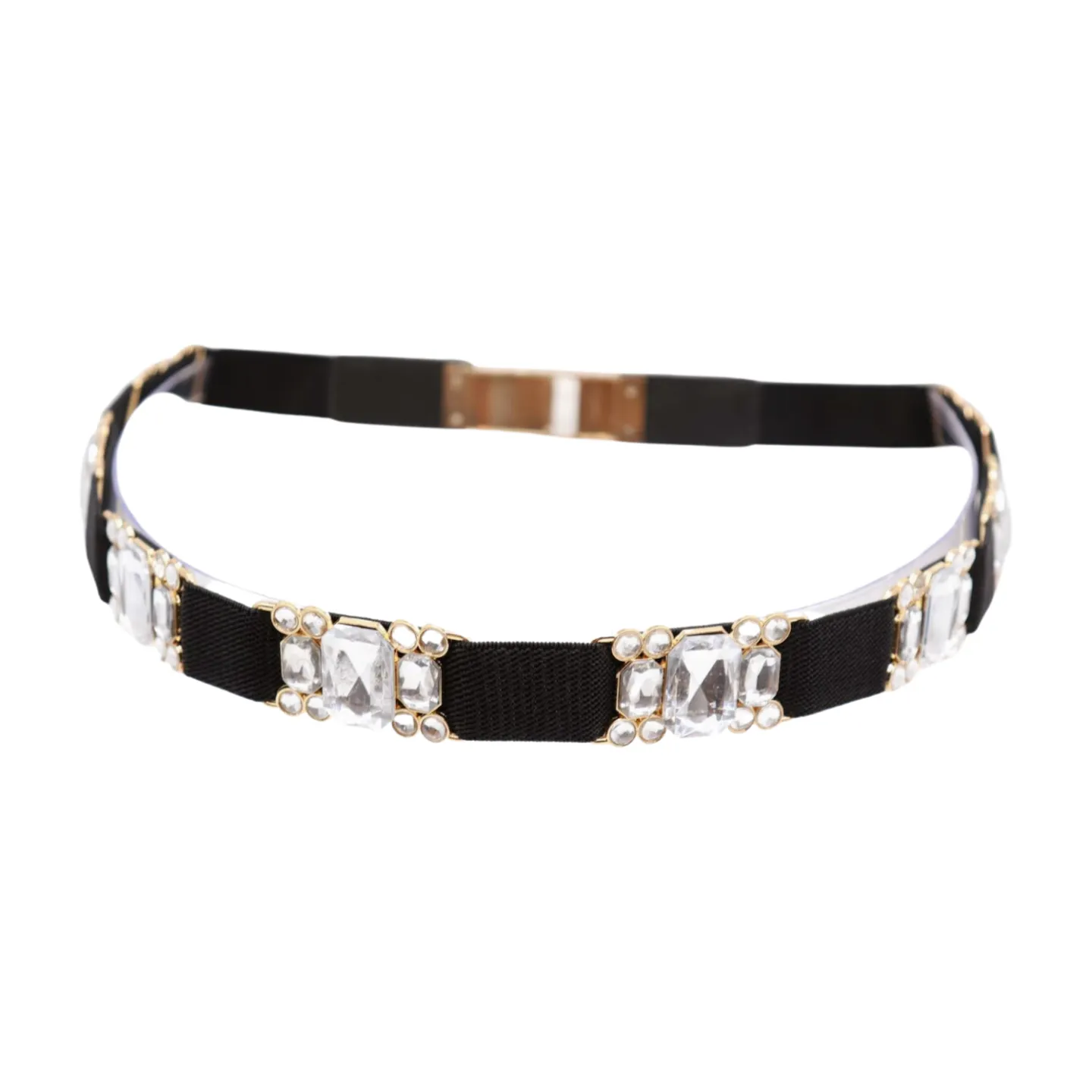 Black Elastic Belt Silver Bling Gold Metal Buckle S M