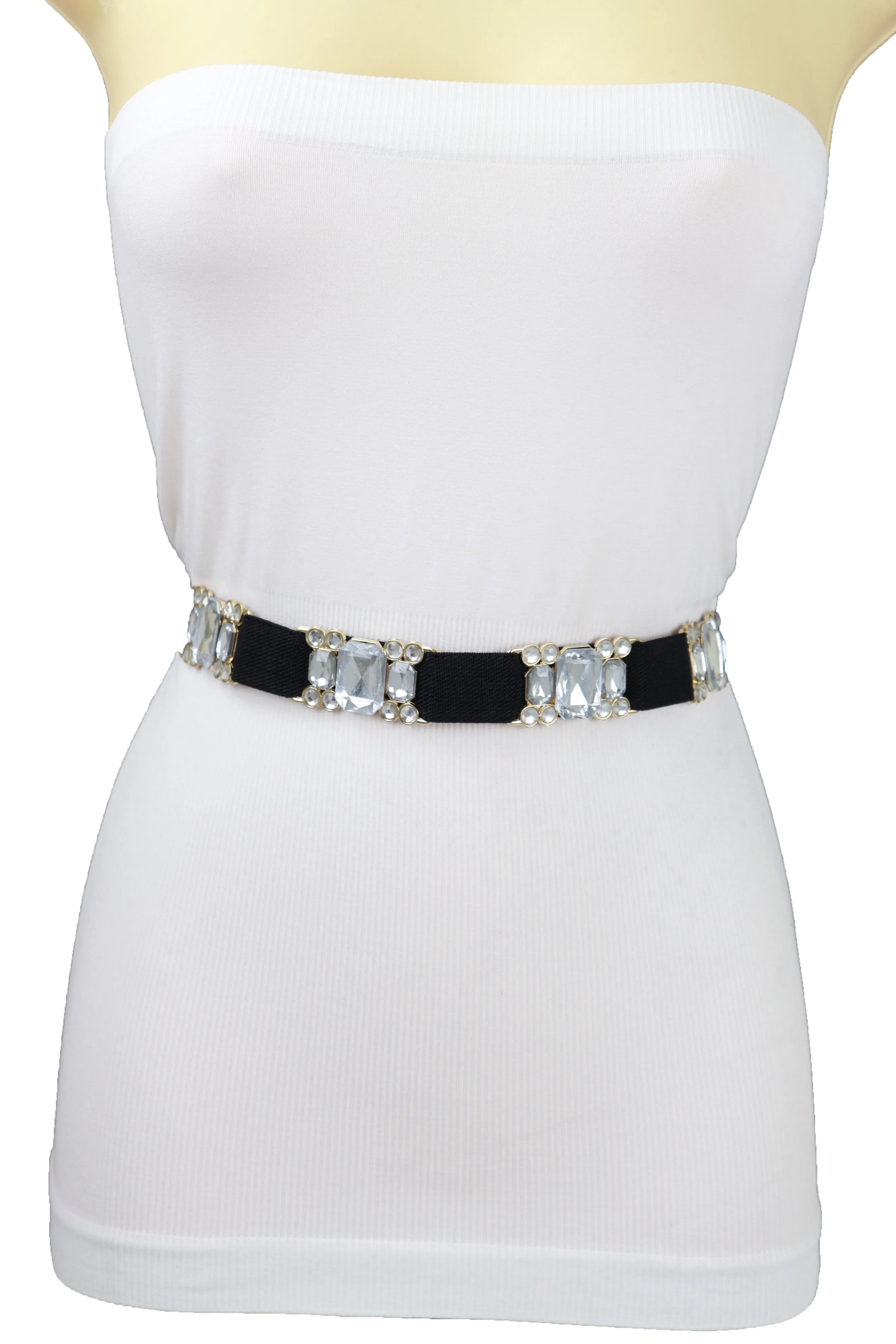 Black Elastic Belt Silver Bling Gold Metal Buckle S M