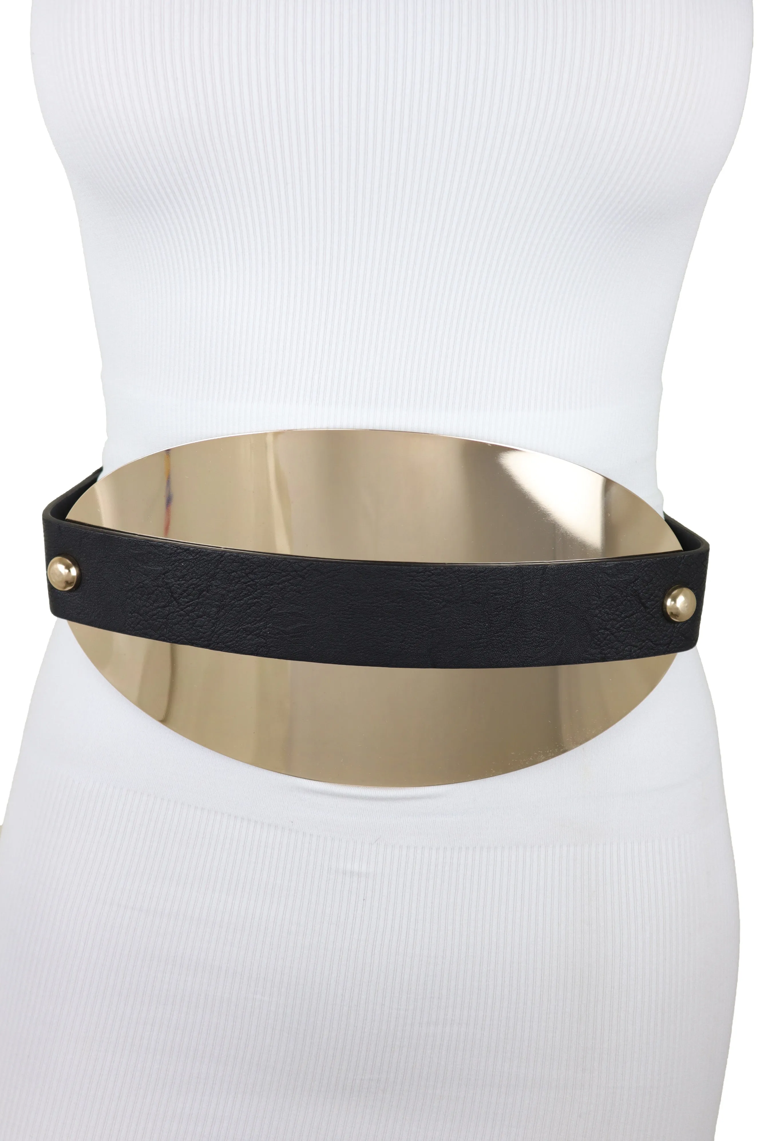 Black Elastic Wide Bling Fashion Belt Hip Waist Oval Gold Metal Plate S M