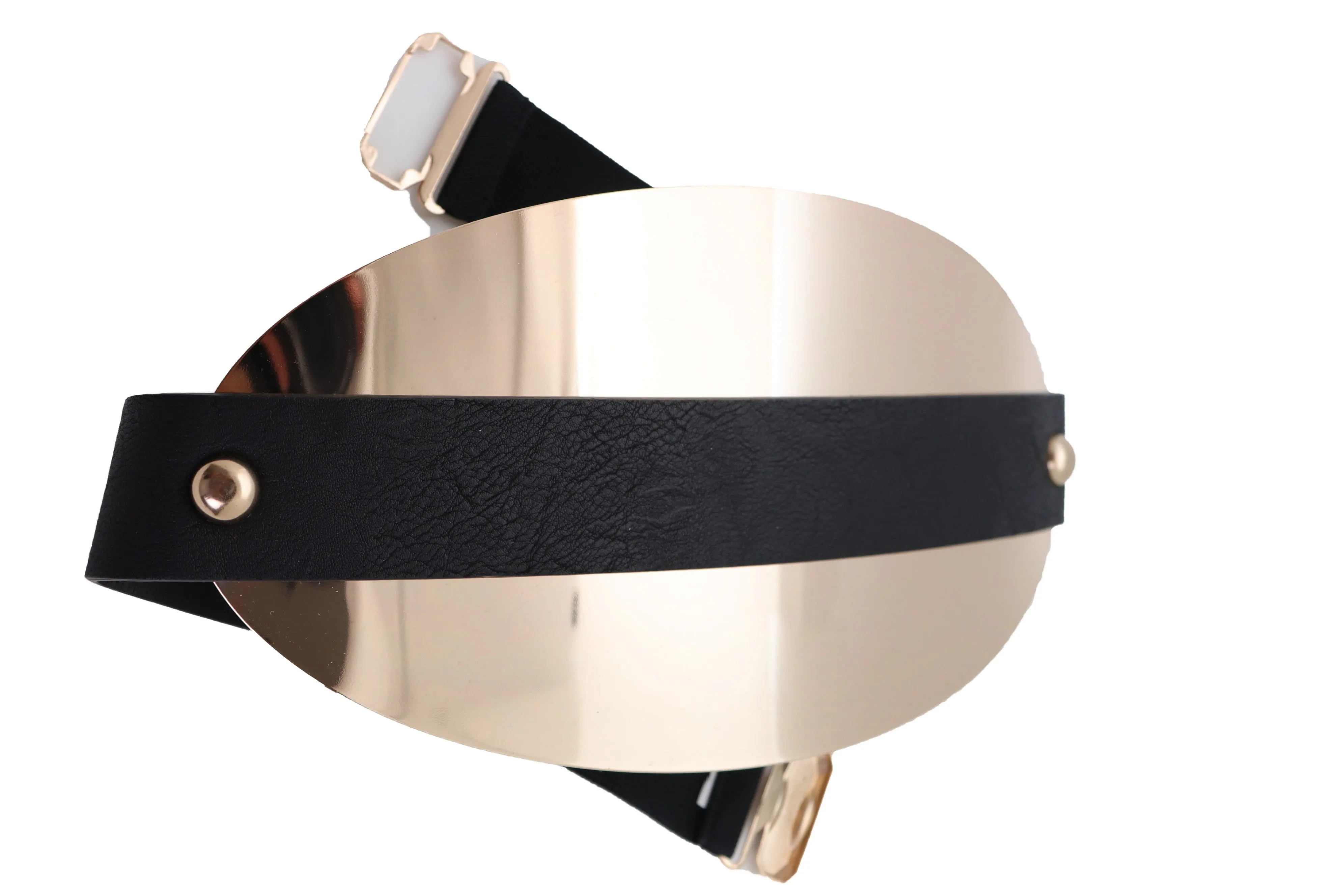 Black Elastic Wide Bling Fashion Belt Hip Waist Oval Gold Metal Plate S M