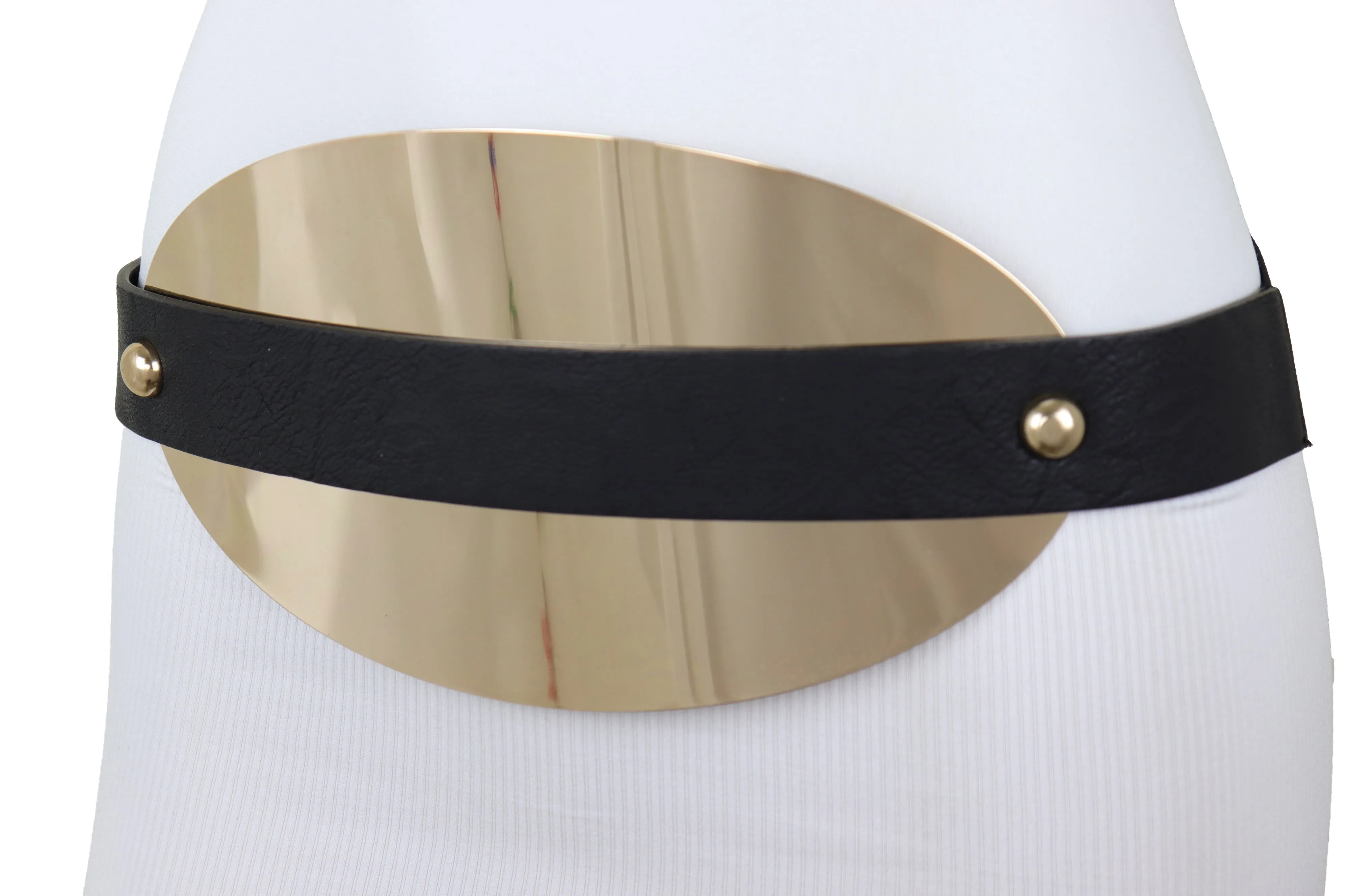 Black Elastic Wide Bling Fashion Belt Hip Waist Oval Gold Metal Plate S M