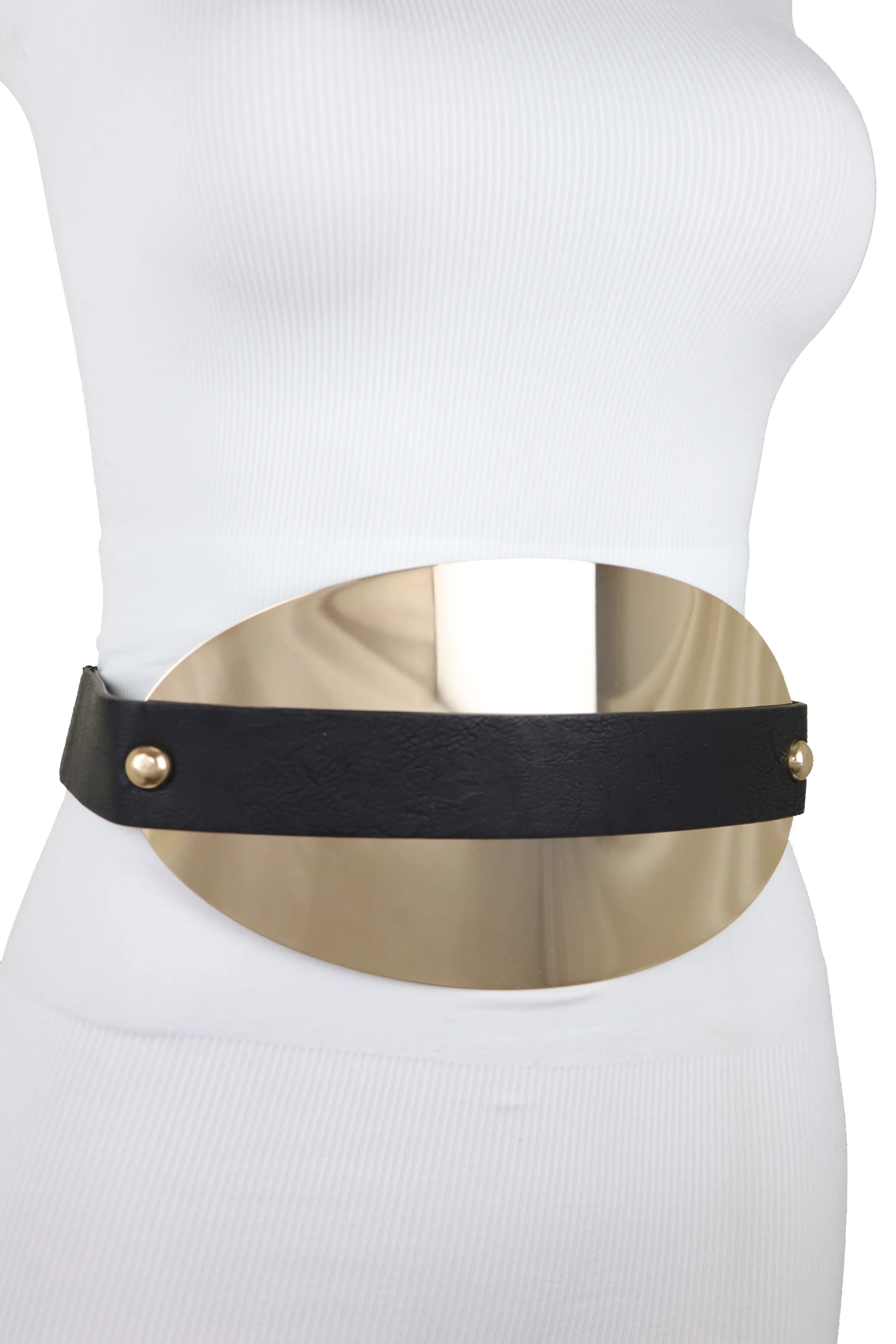 Black Elastic Wide Bling Fashion Belt Hip Waist Oval Gold Metal Plate S M