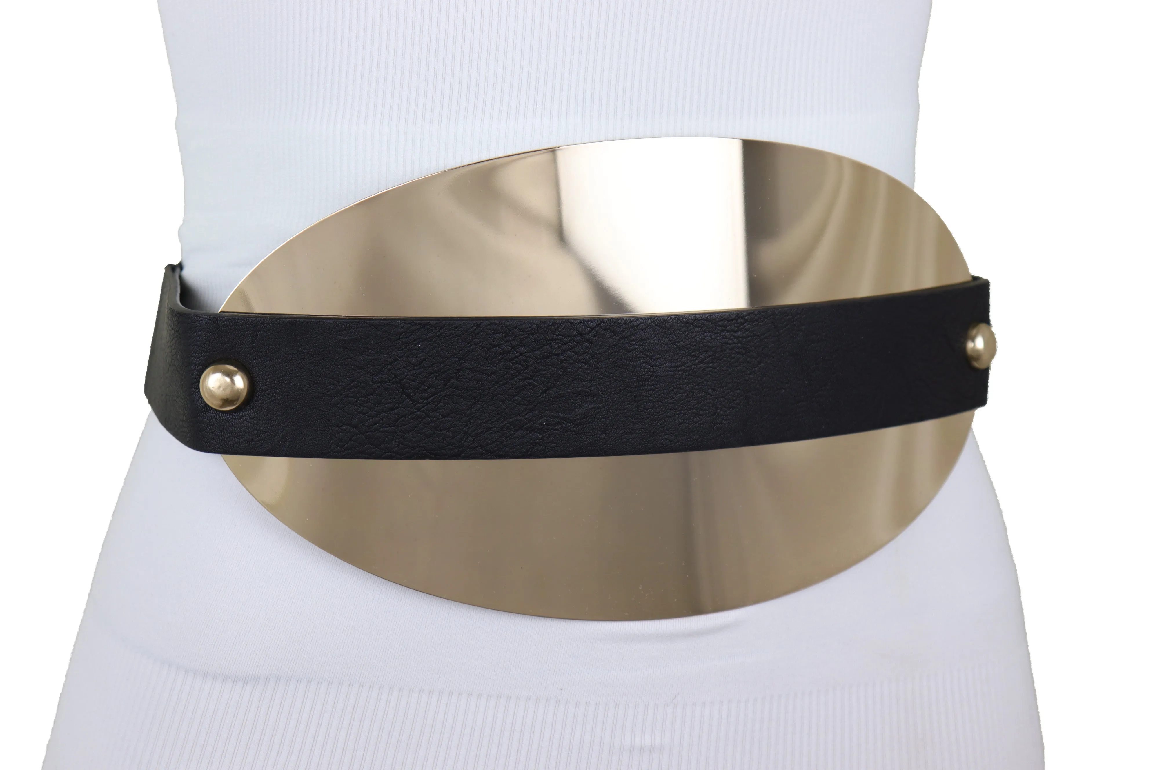 Black Elastic Wide Bling Fashion Belt Hip Waist Oval Gold Metal Plate S M