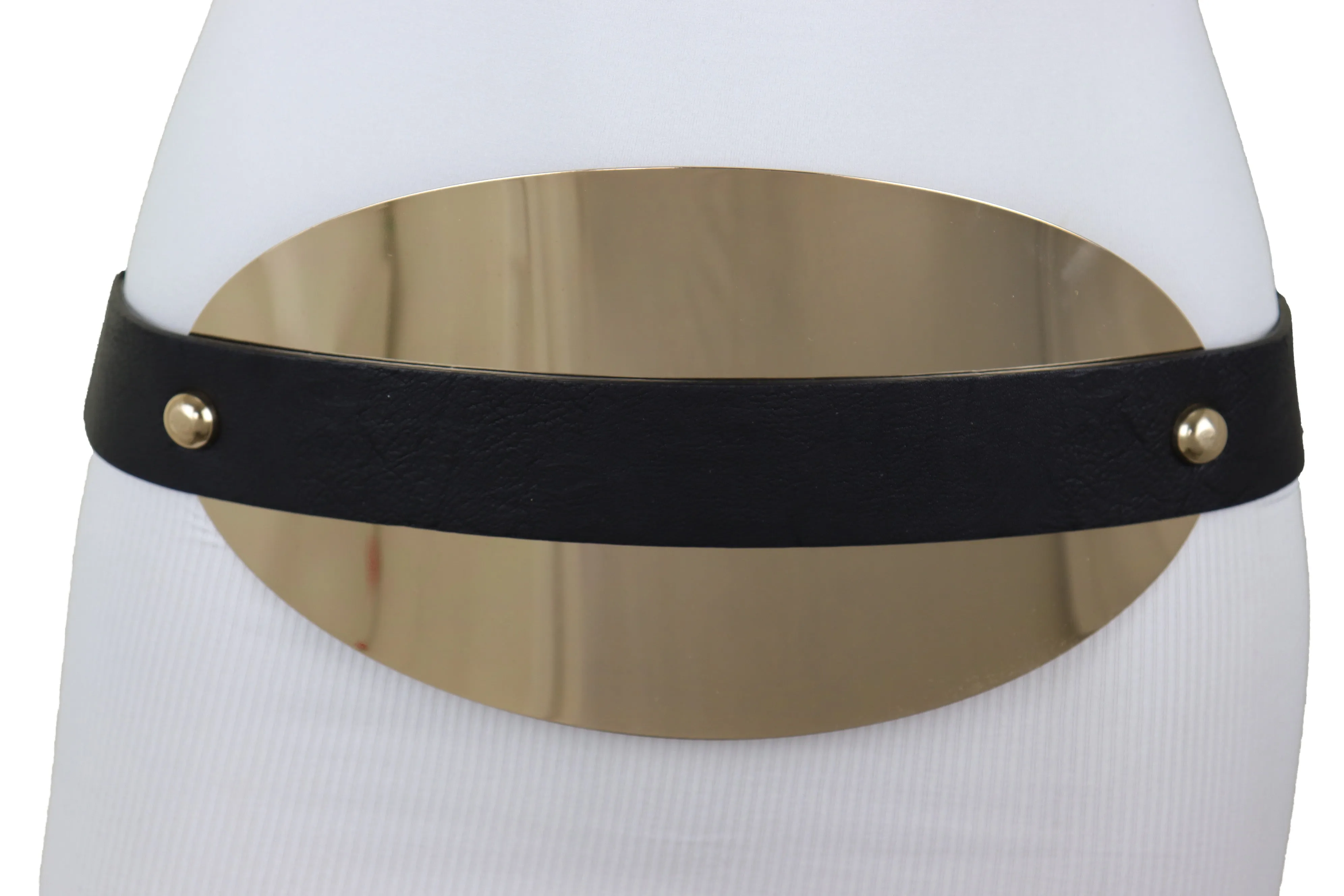 Black Elastic Wide Bling Fashion Belt Hip Waist Oval Gold Metal Plate S M