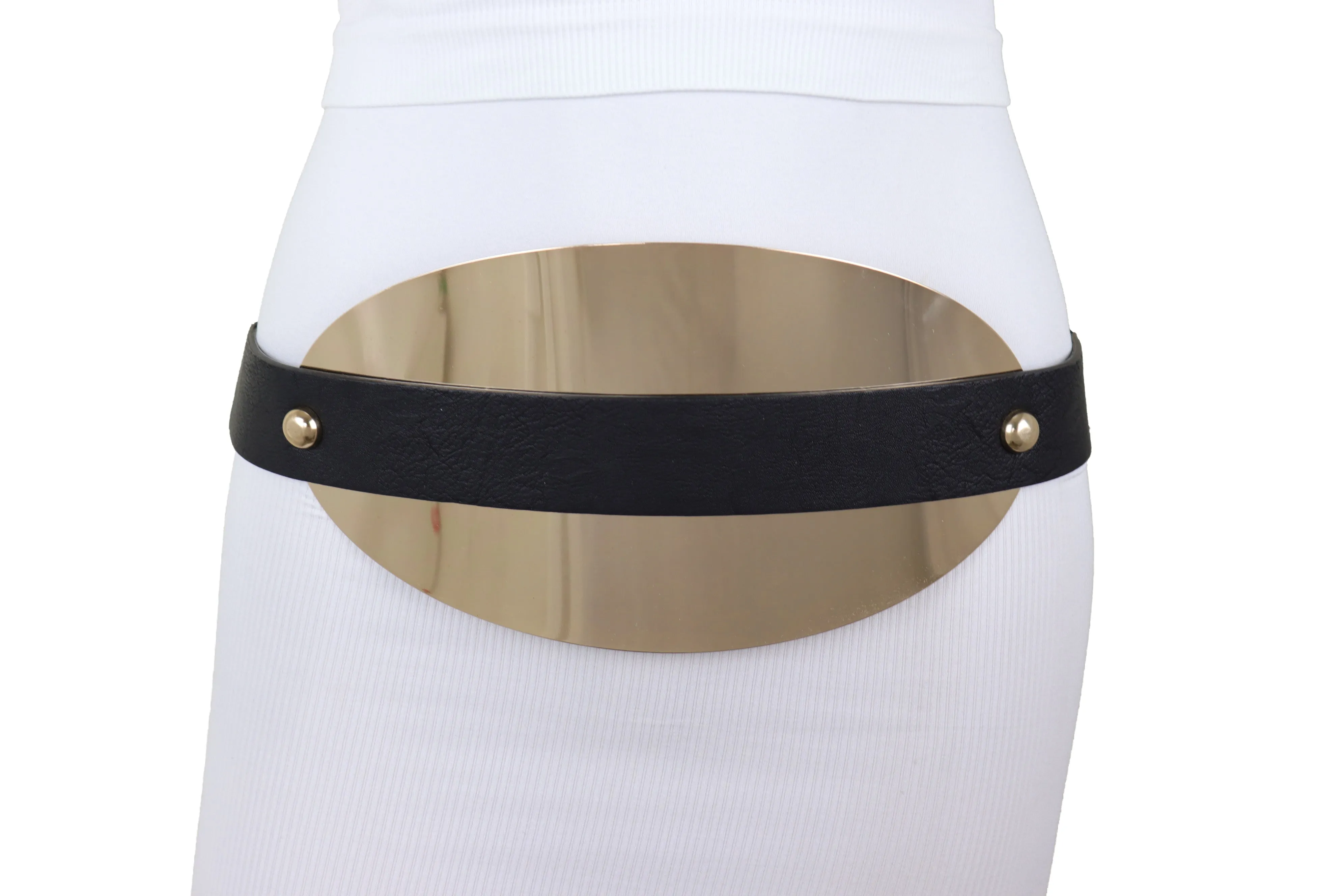 Black Elastic Wide Bling Fashion Belt Hip Waist Oval Gold Metal Plate S M