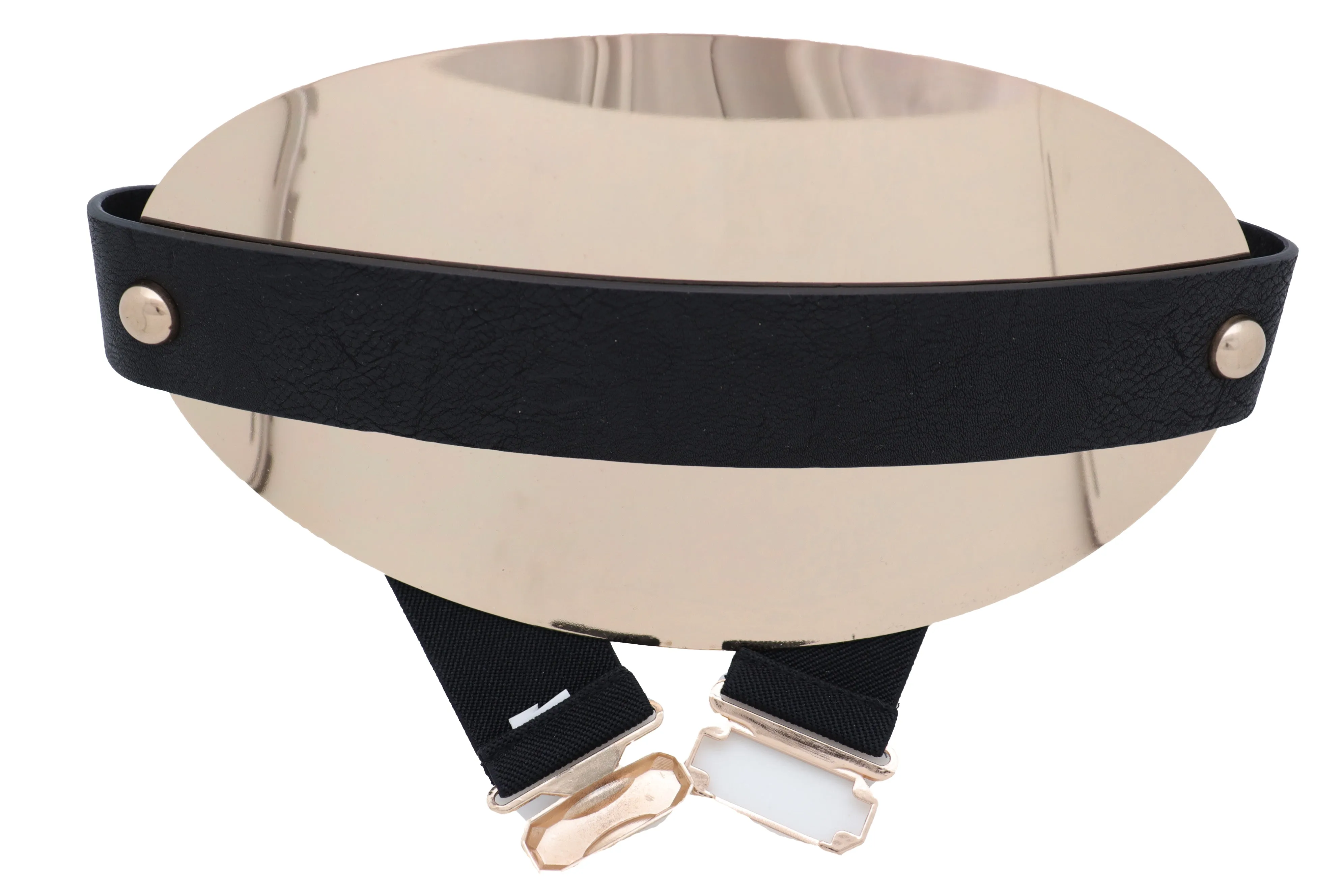 Black Elastic Wide Bling Fashion Belt Hip Waist Oval Gold Metal Plate S M
