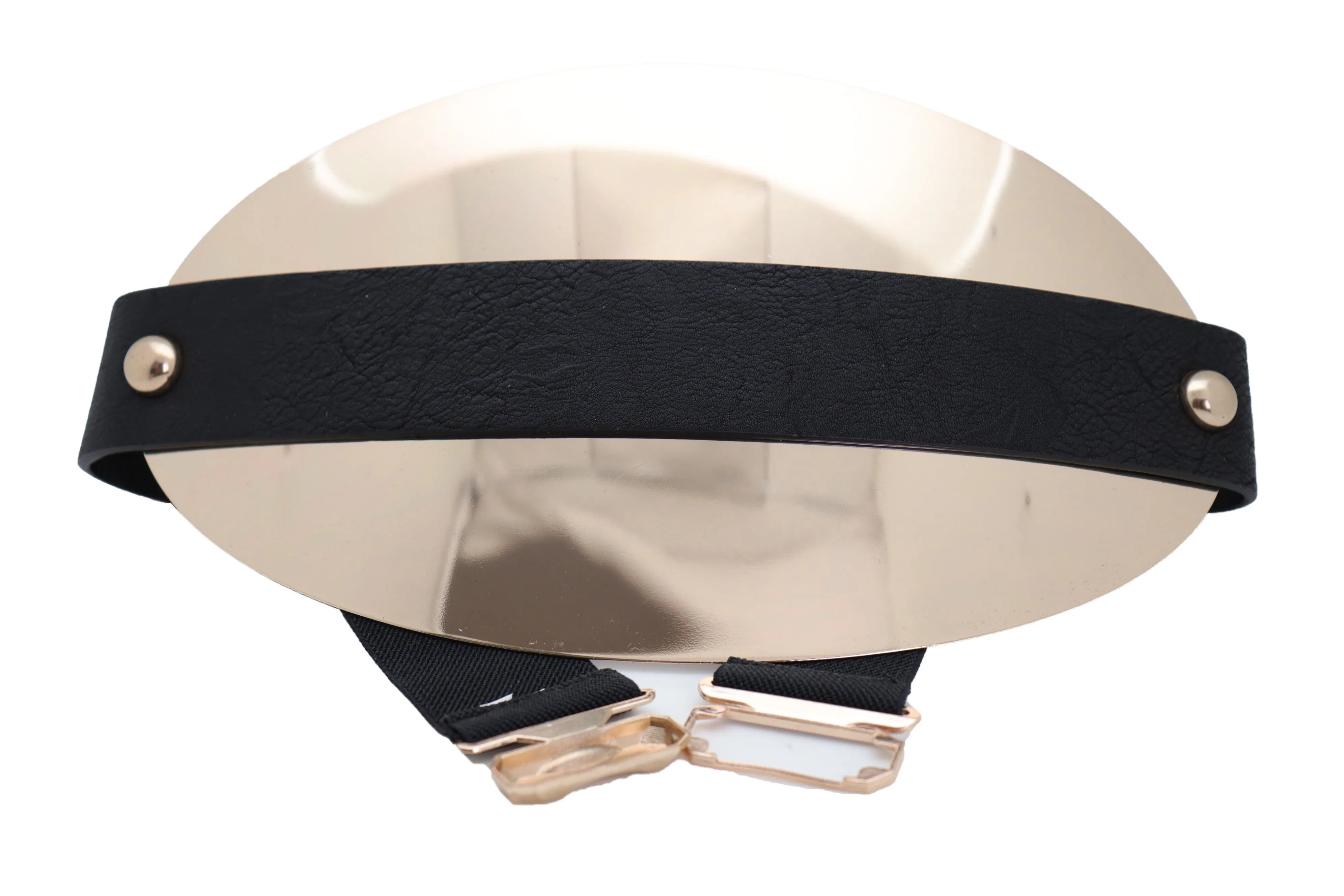 Black Elastic Wide Bling Fashion Belt Hip Waist Oval Gold Metal Plate S M