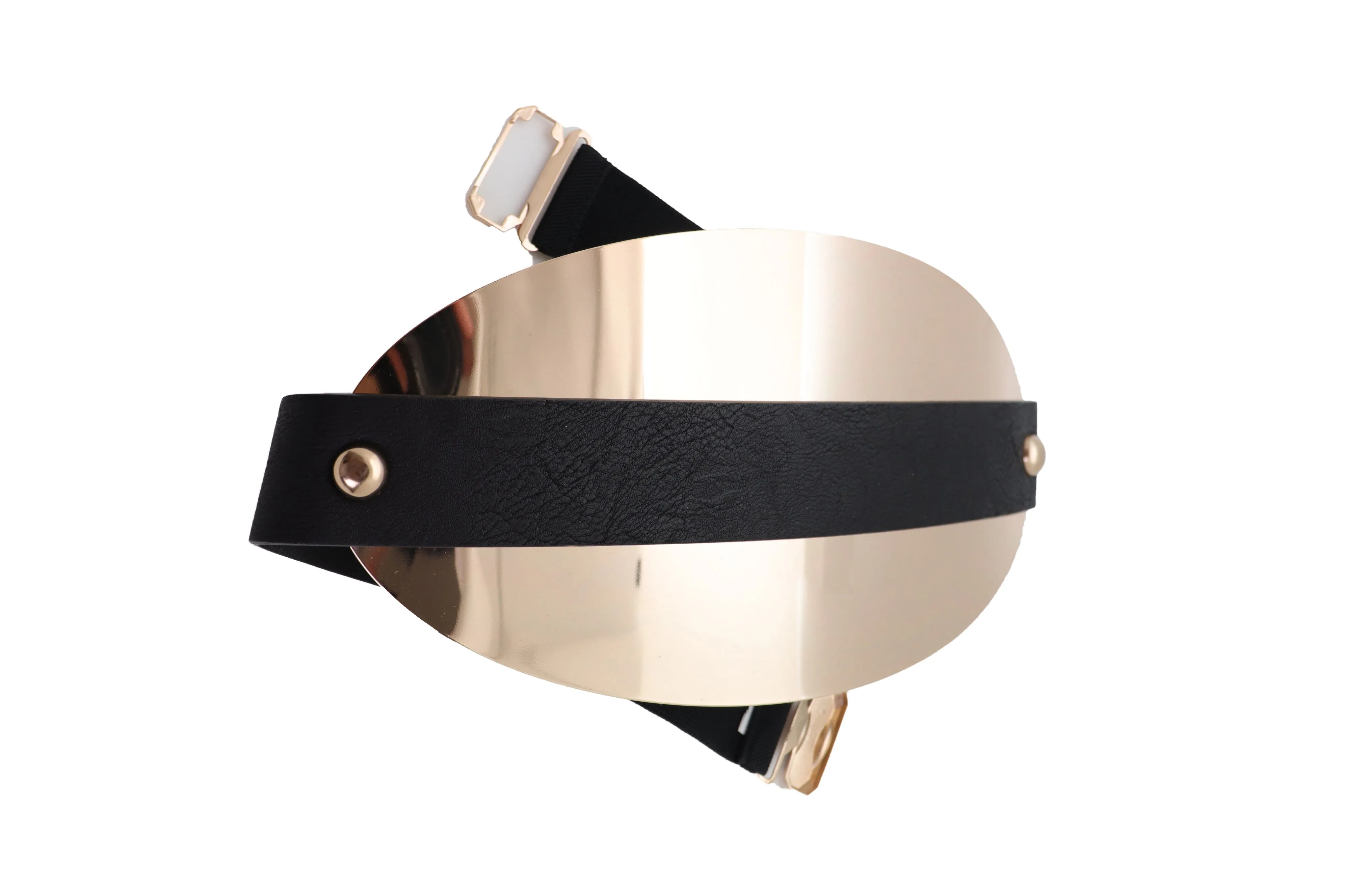 Black Elastic Wide Bling Fashion Belt Hip Waist Oval Gold Metal Plate S M