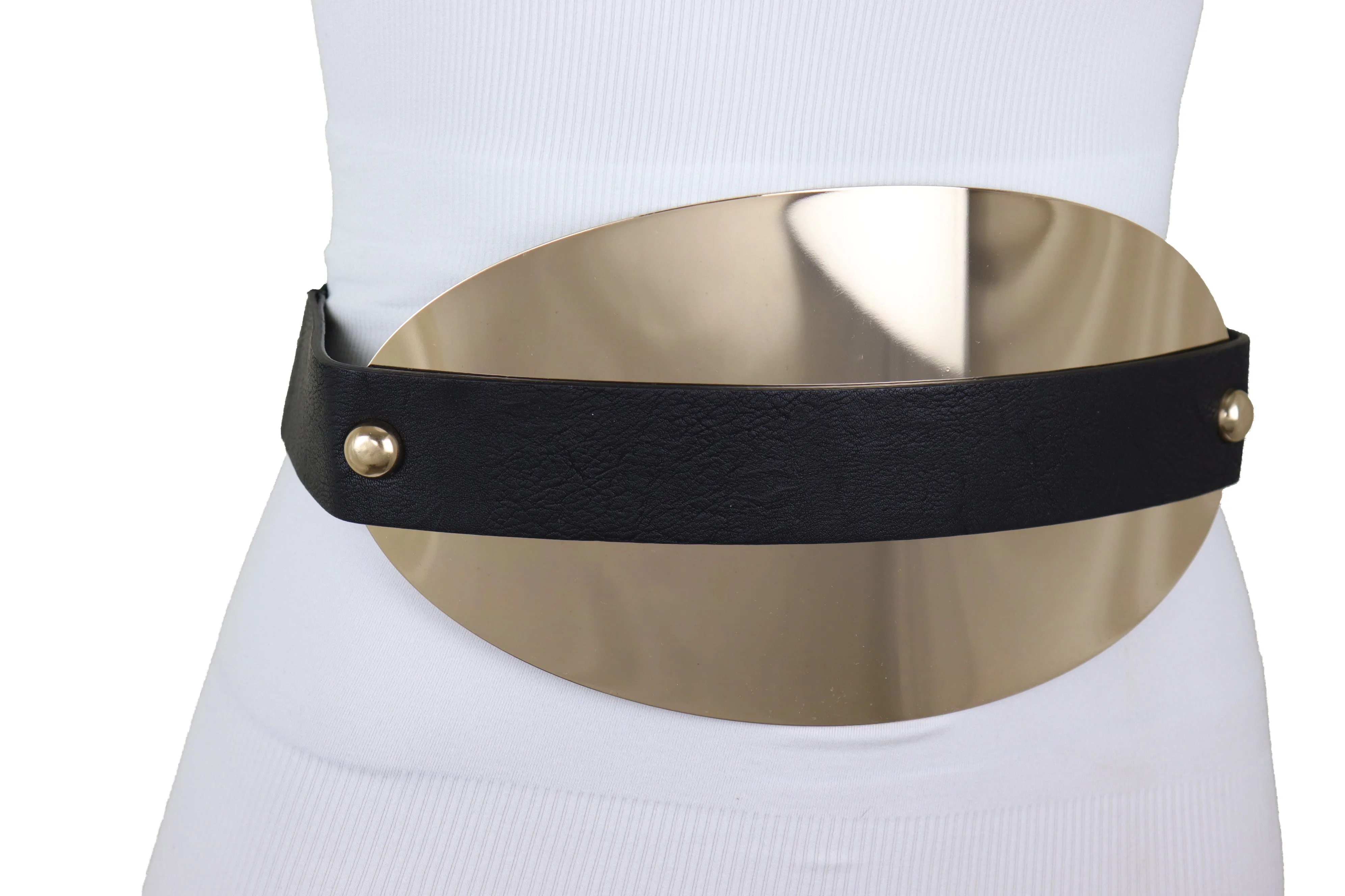 Black Elastic Wide Bling Fashion Belt Hip Waist Oval Gold Metal Plate S M