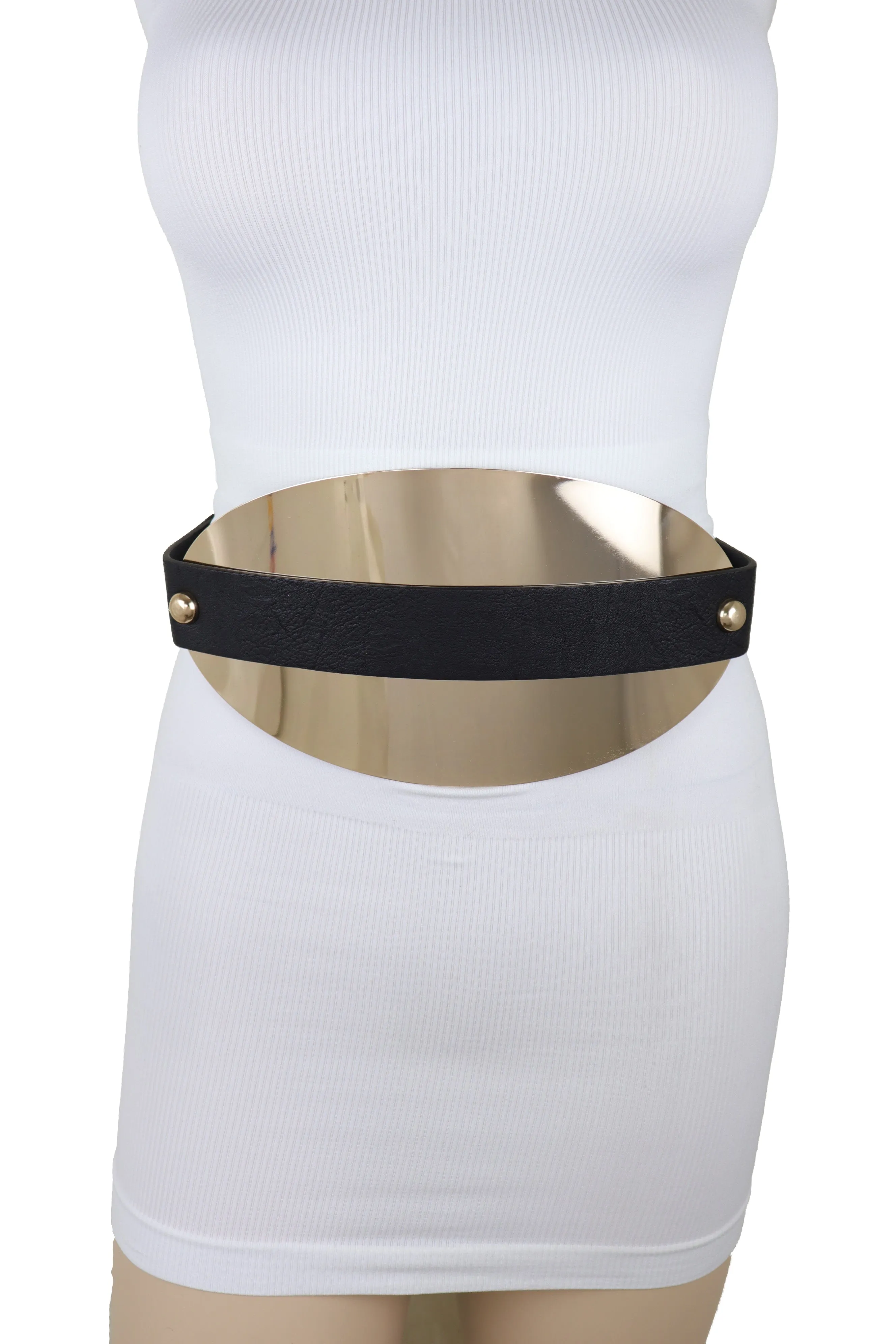 Black Elastic Wide Bling Fashion Belt Hip Waist Oval Gold Metal Plate S M