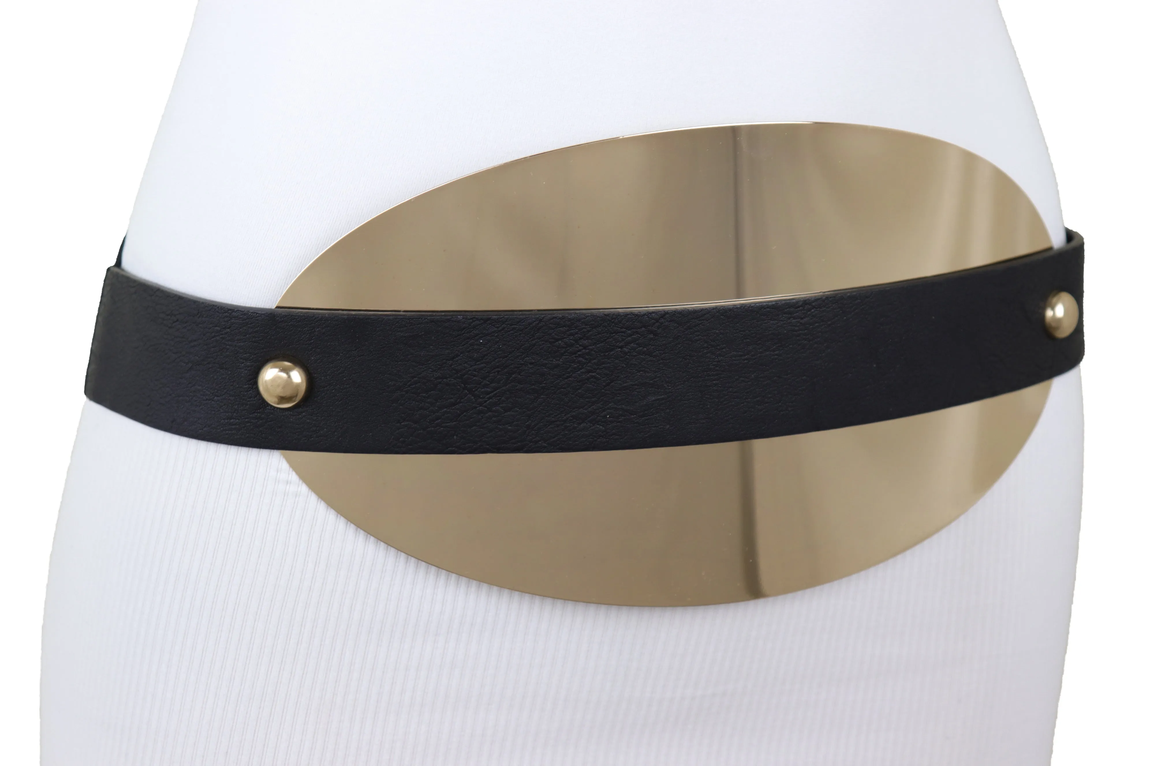 Black Elastic Wide Bling Fashion Belt Hip Waist Oval Gold Metal Plate S M