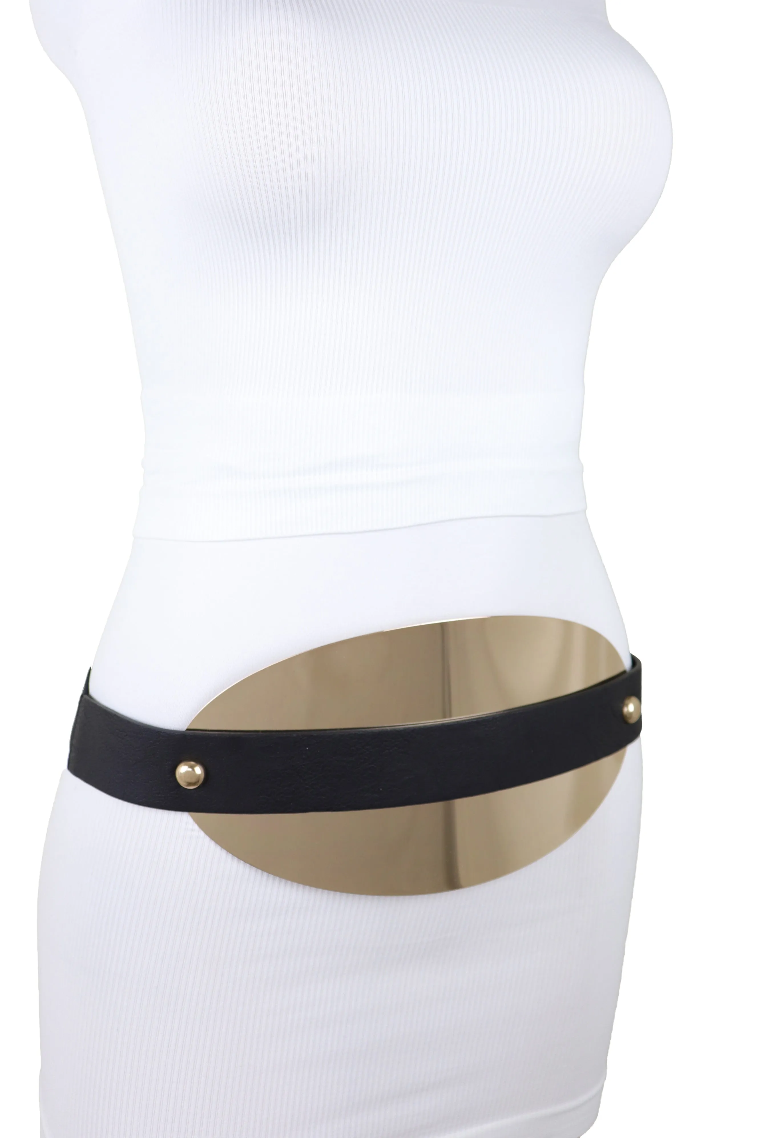 Black Elastic Wide Bling Fashion Belt Hip Waist Oval Gold Metal Plate S M