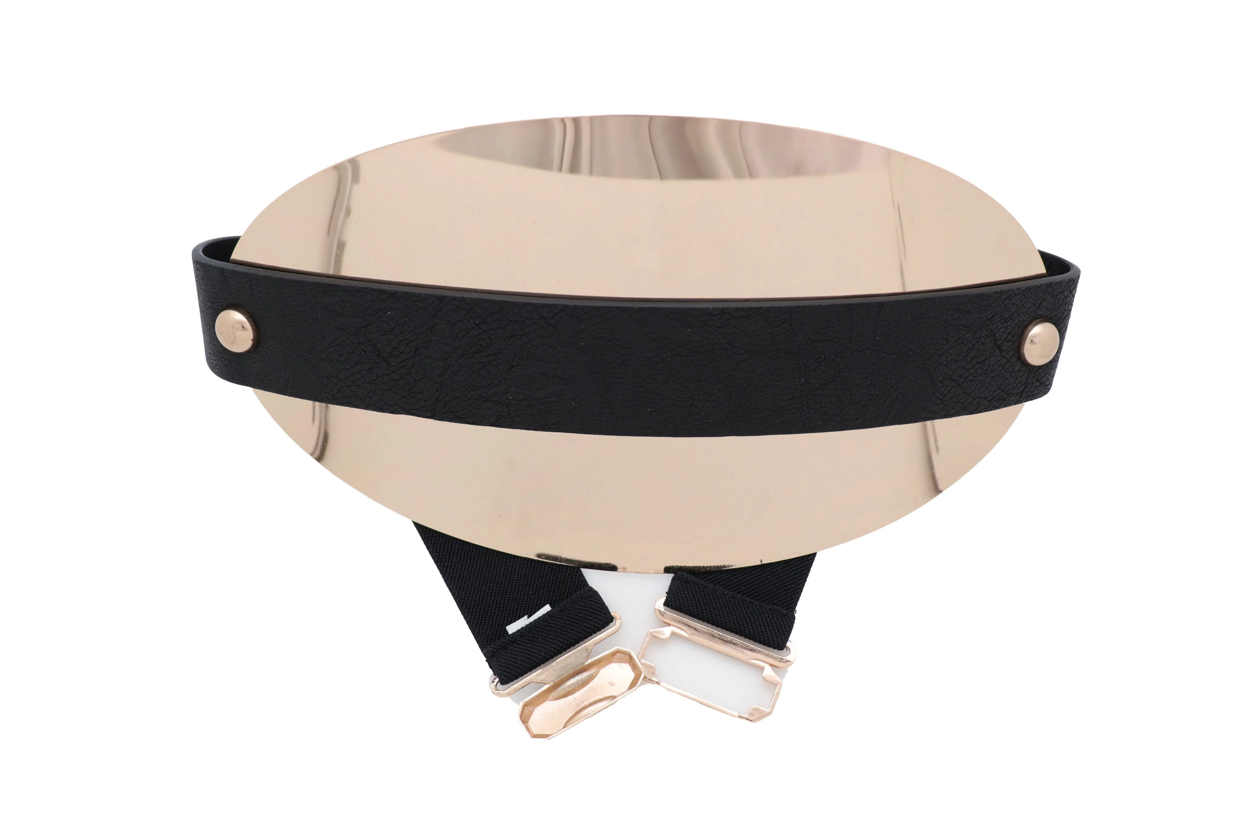 Black Elastic Wide Bling Fashion Belt Hip Waist Oval Gold Metal Plate S M