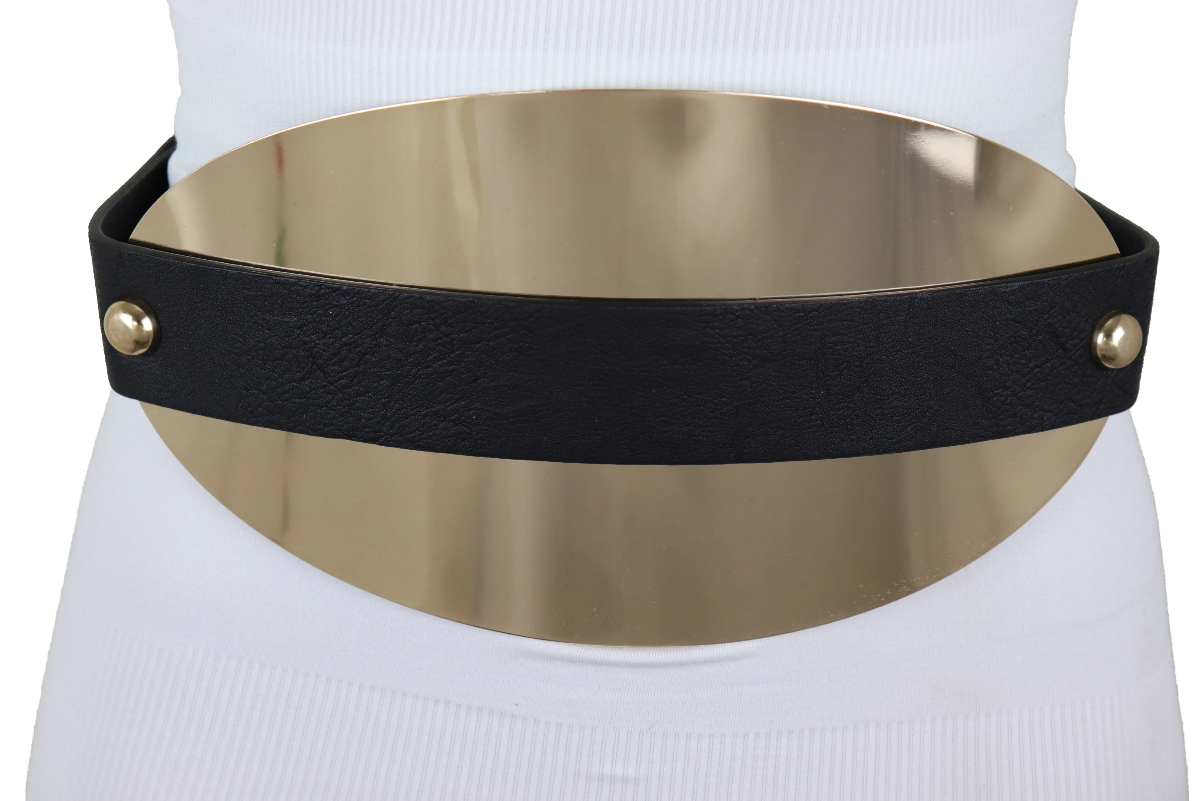 Black Elastic Wide Bling Fashion Belt Hip Waist Oval Gold Metal Plate S M