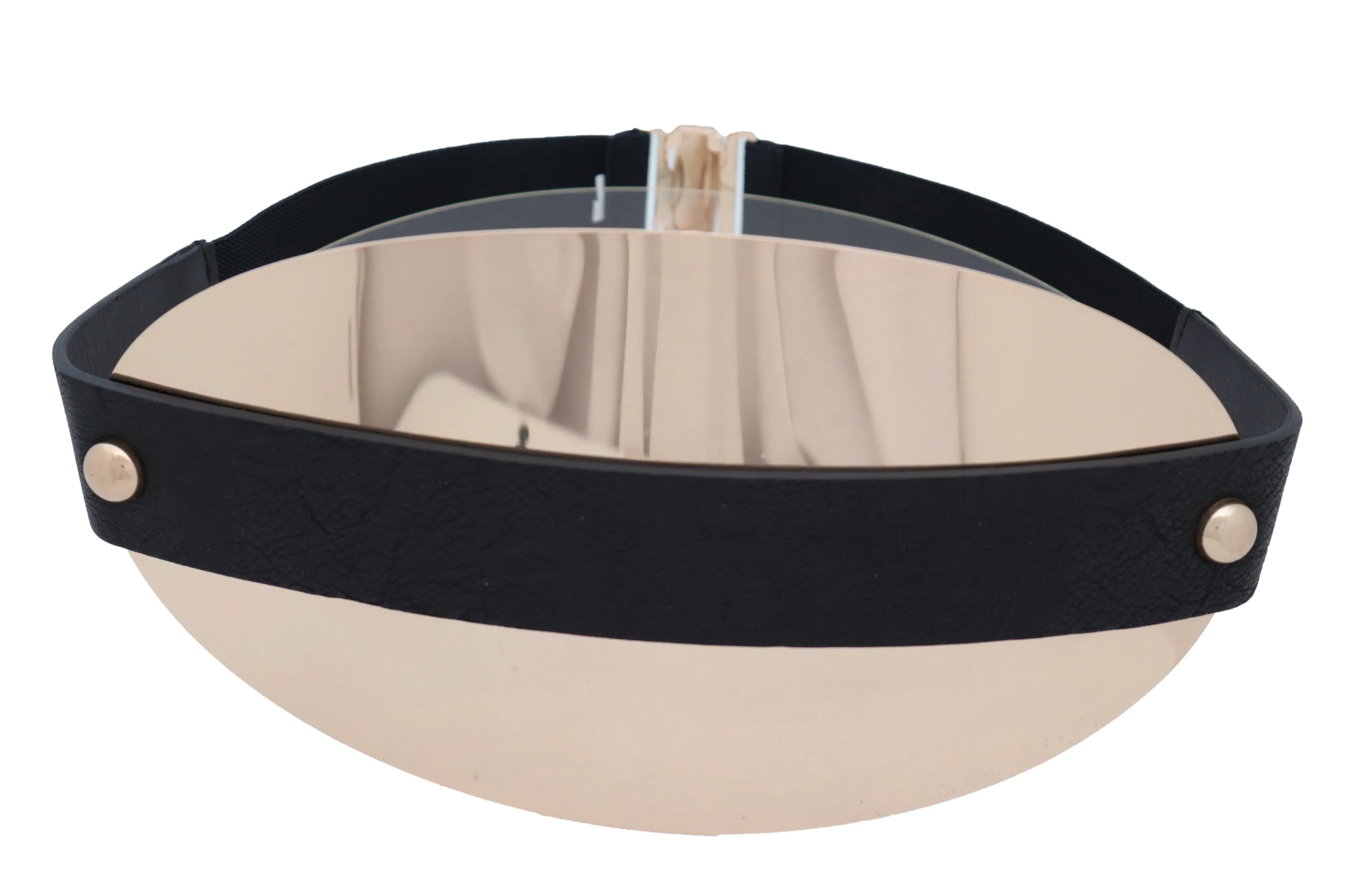 Black Elastic Wide Bling Fashion Belt Hip Waist Oval Gold Metal Plate S M