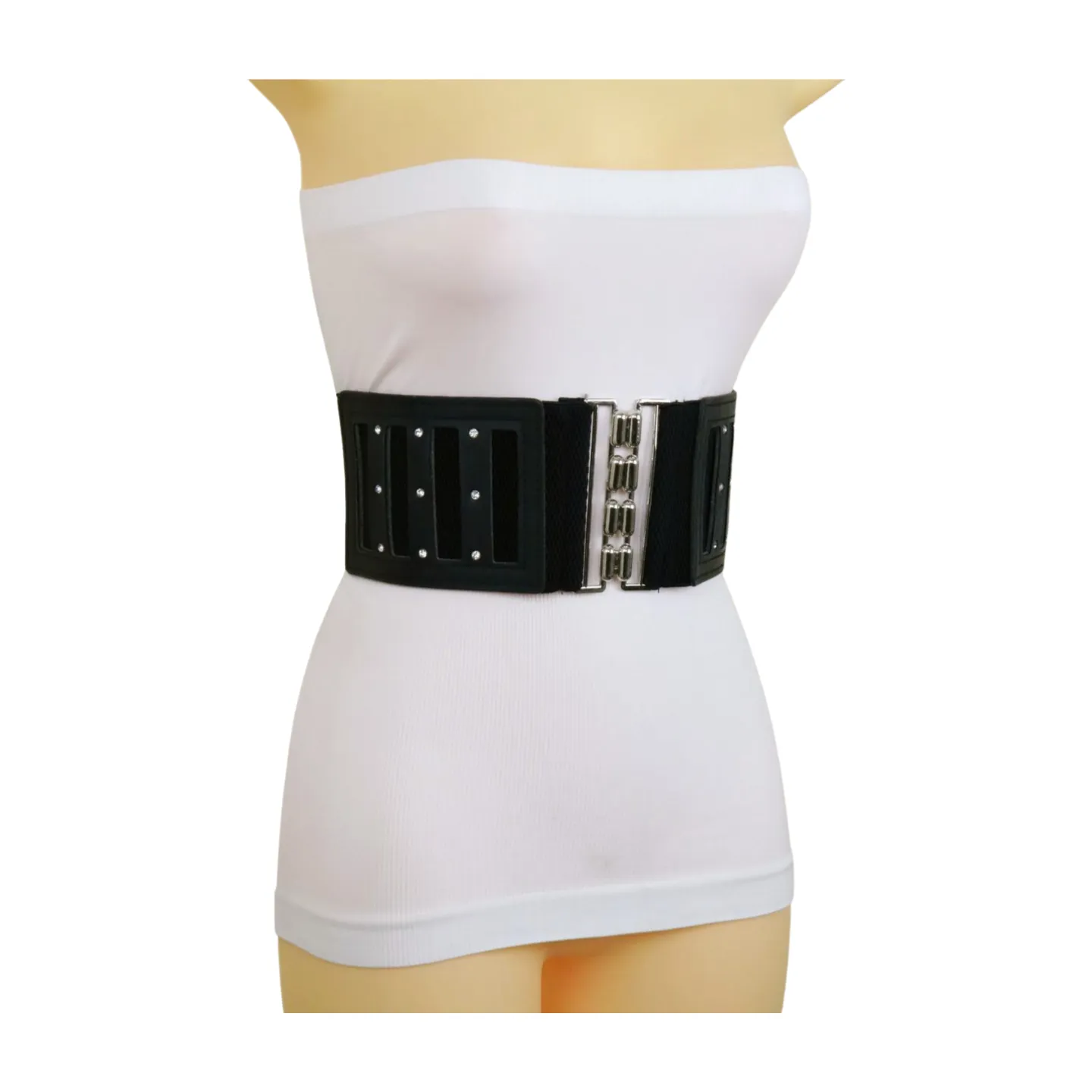 Black Elastic Wide Fashion Belt Silver Buckle Size S M