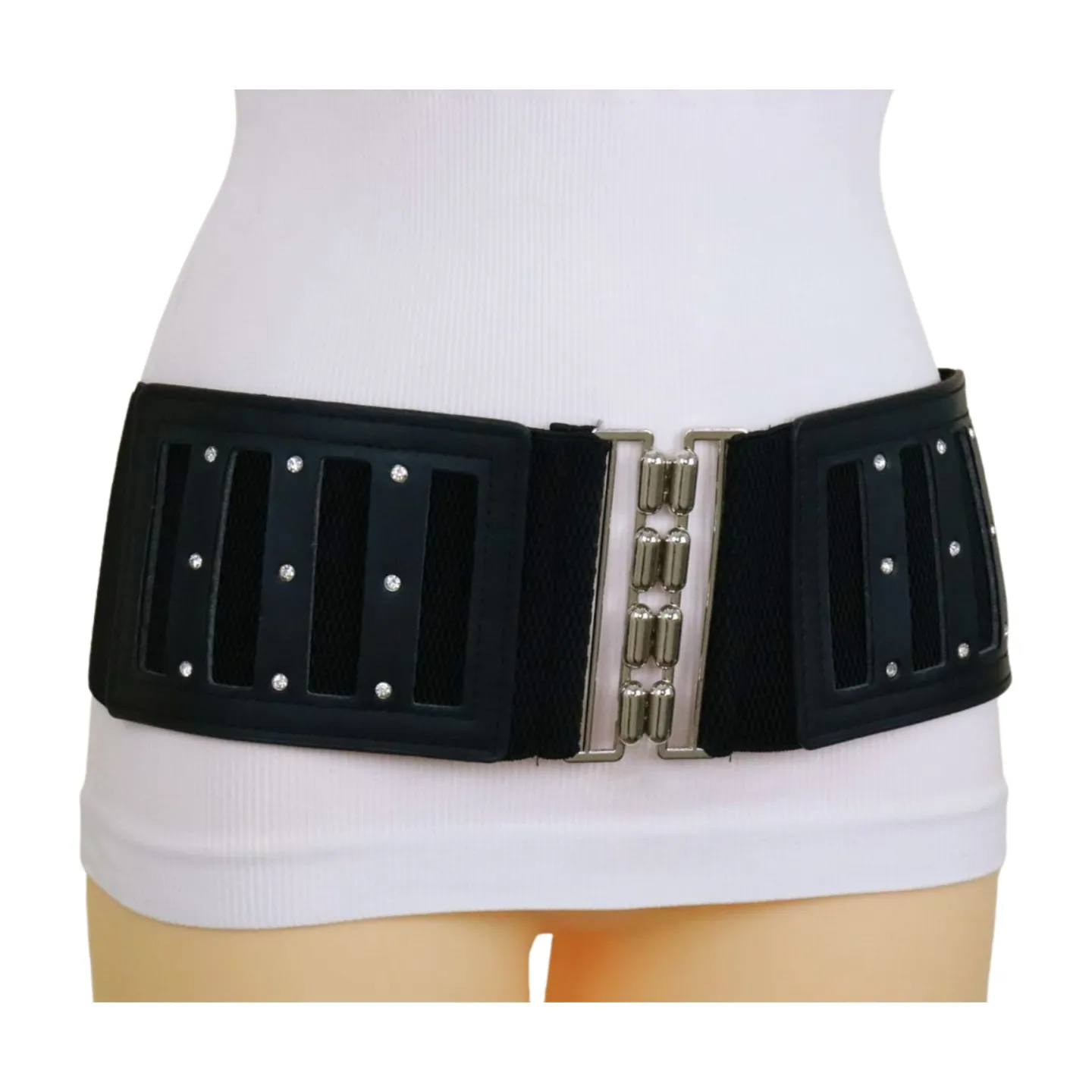 Black Elastic Wide Fashion Belt Silver Buckle Size S M
