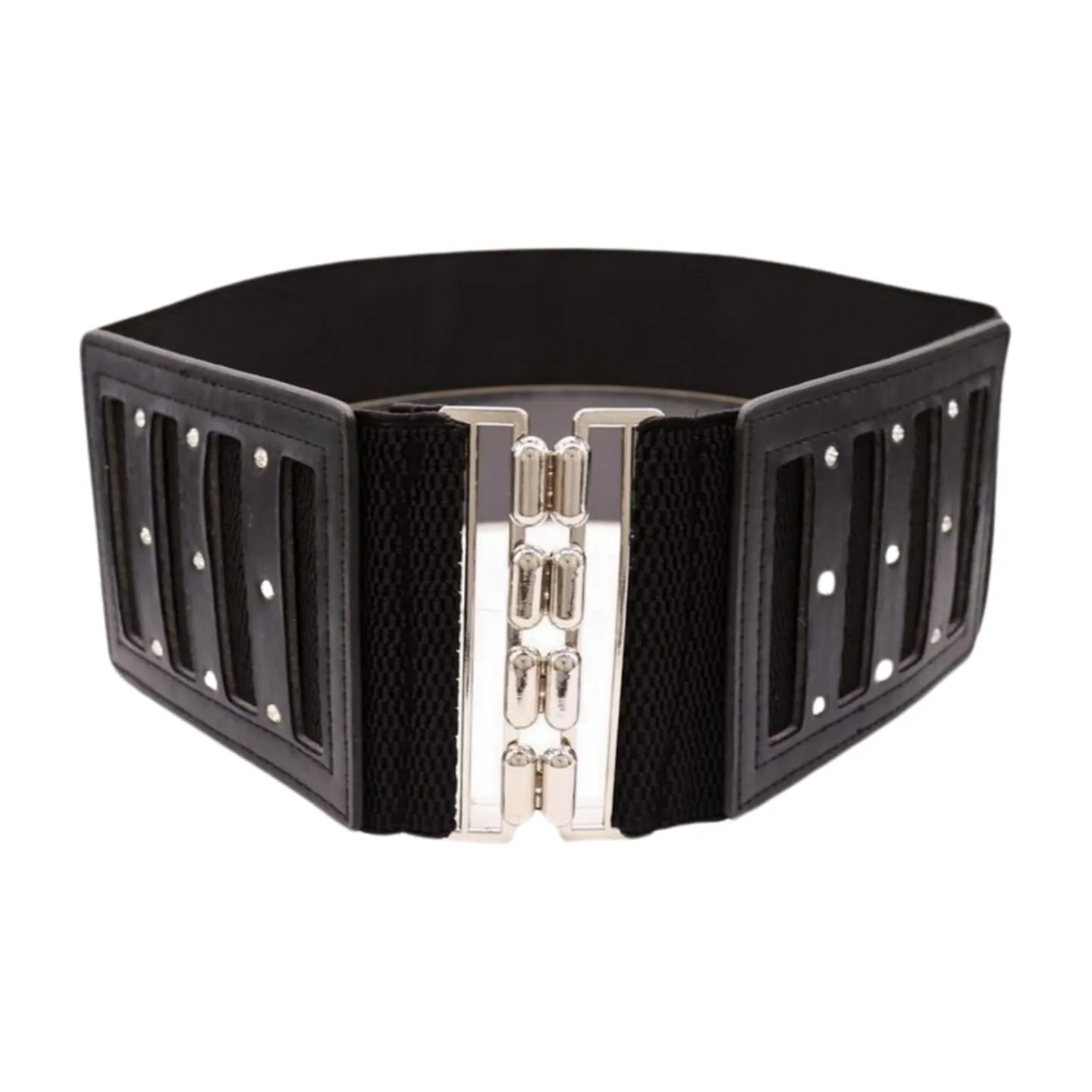Black Elastic Wide Fashion Belt Silver Buckle Size S M
