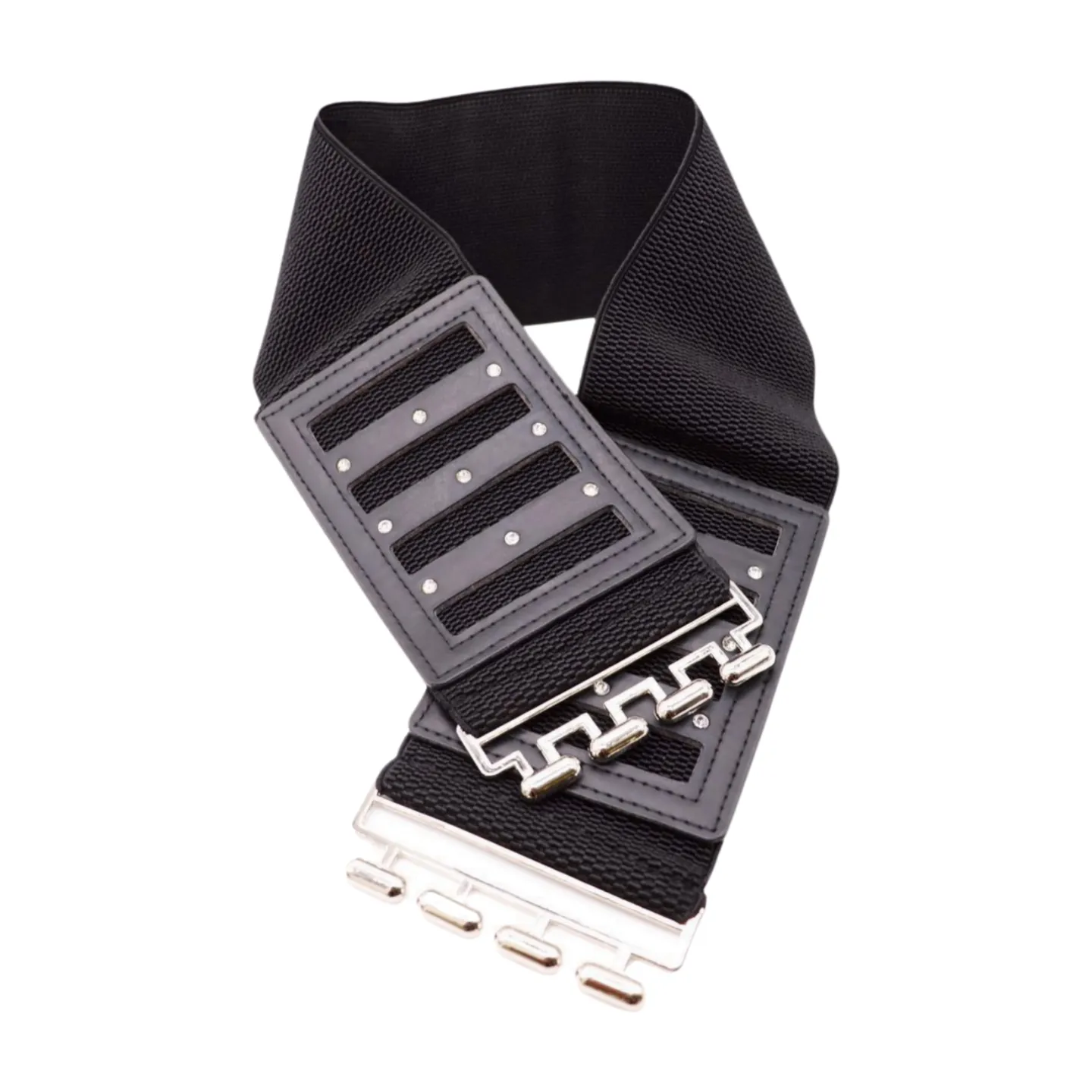 Black Elastic Wide Fashion Belt Silver Buckle Size S M