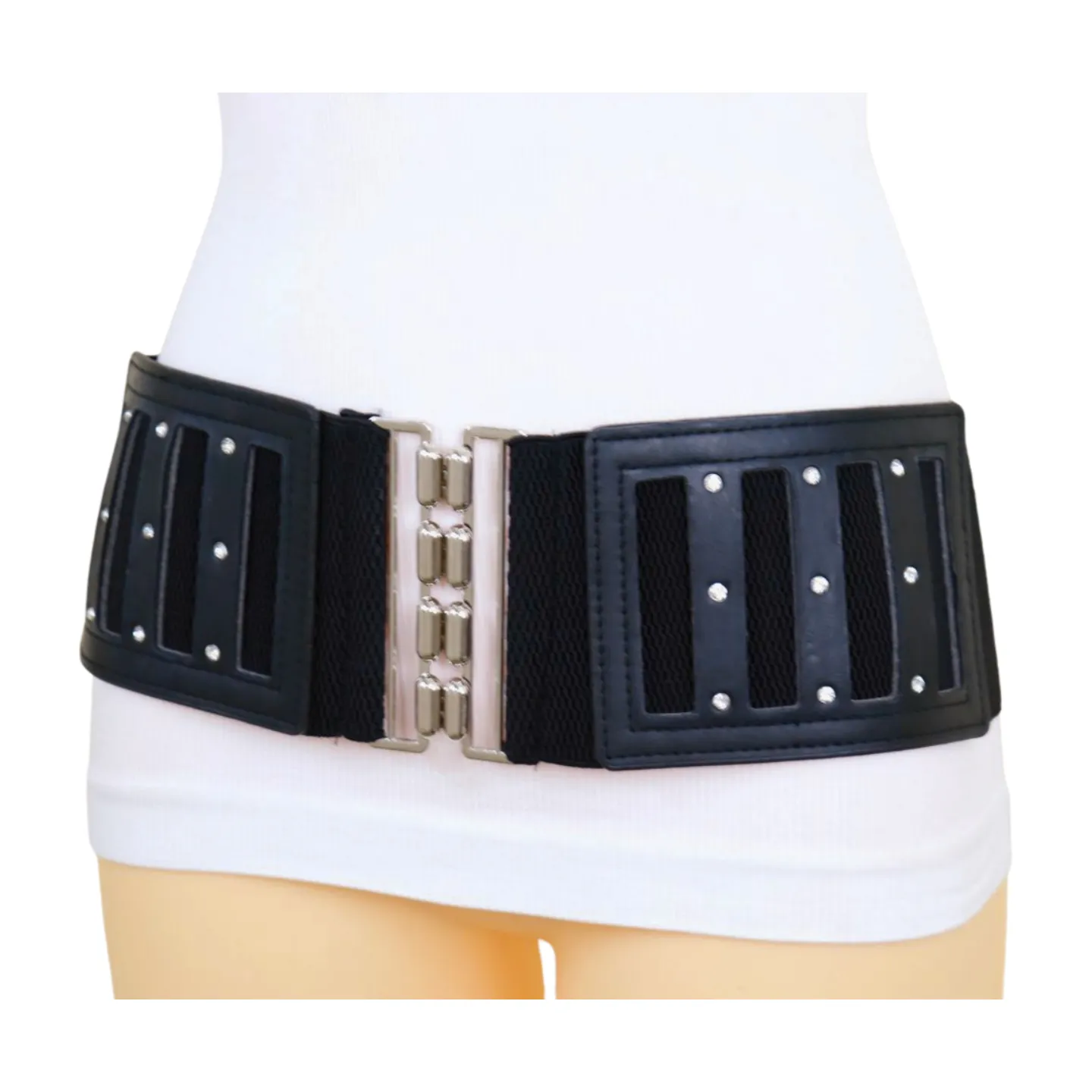 Black Elastic Wide Fashion Belt Silver Buckle Size S M