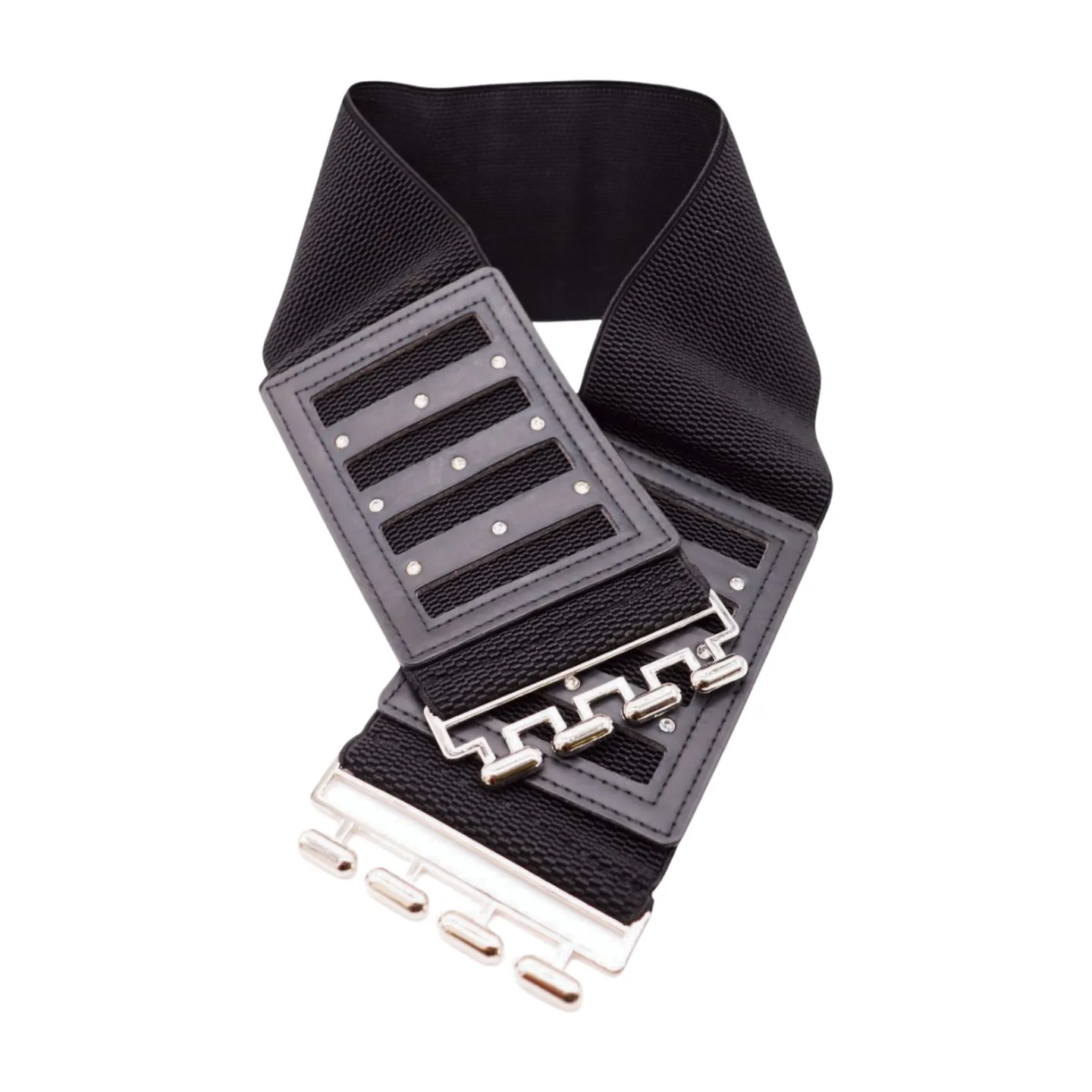 Black Elastic Wide Fashion Belt Silver Buckle Size S M
